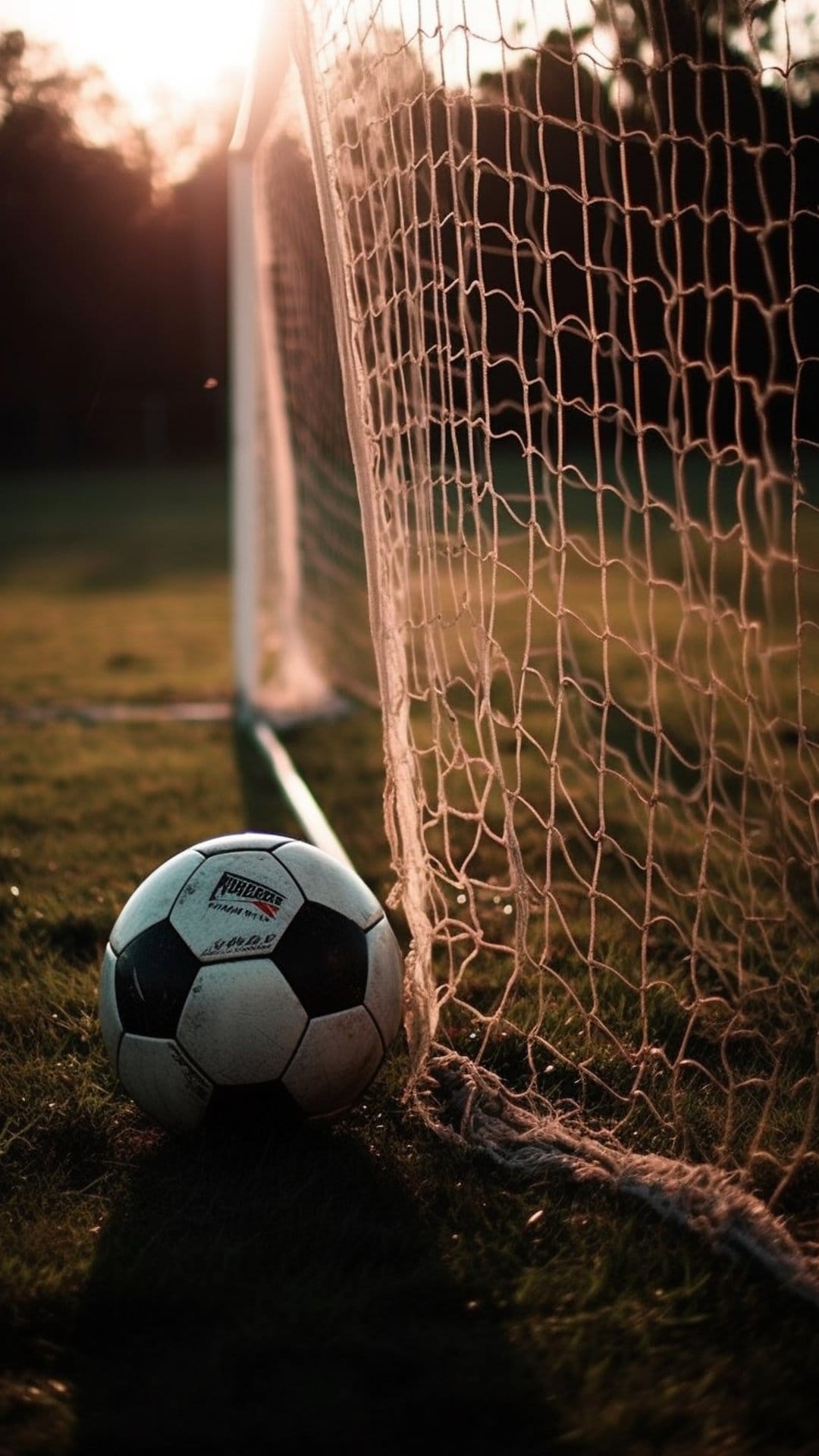 Soccer ball on a grass field near a goal net at sunset with golden sunlight filtering through background trees.