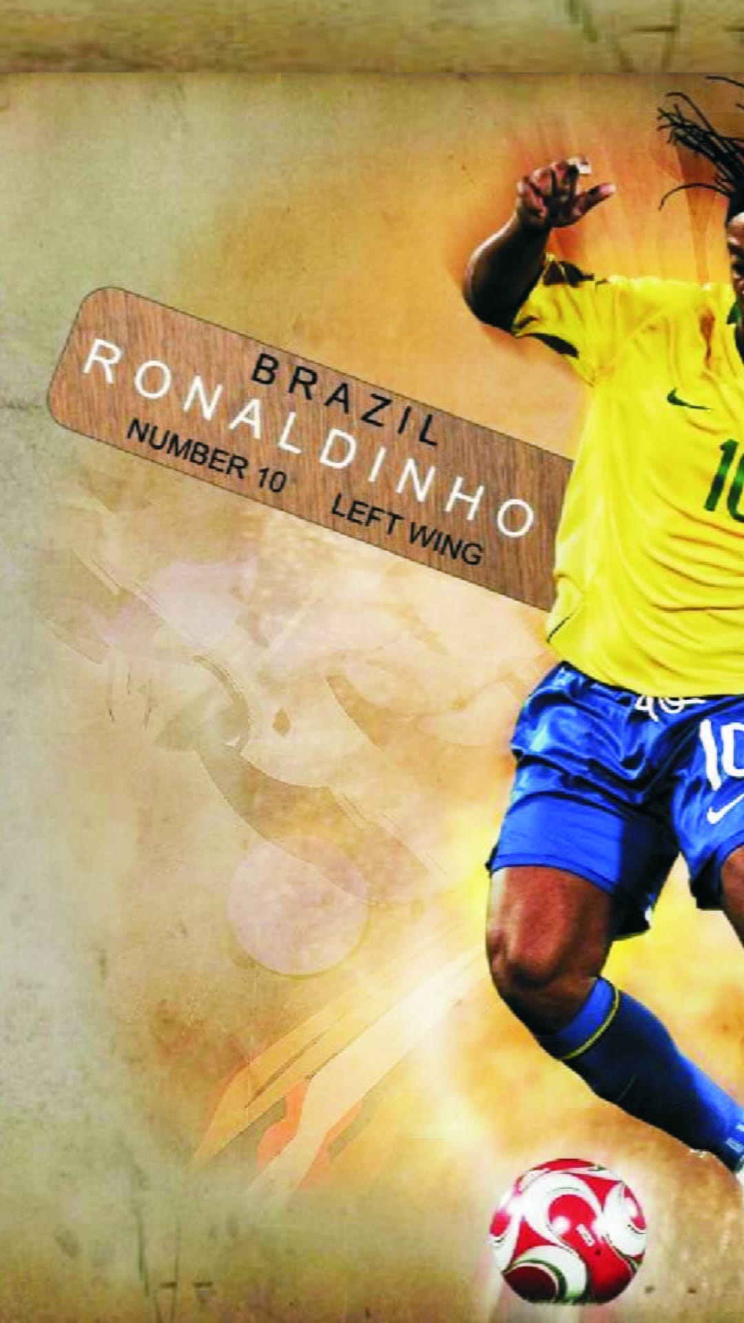 Ronaldinho in a yellow Brazil jersey dribbles a soccer ball against a glowing, textured dark grunge background.