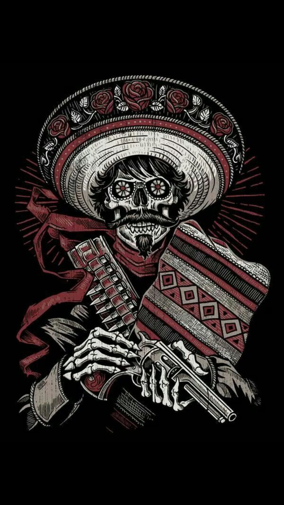 Skeleton wearing a floral sombrero and red scarf holds a revolver, posing in a classic Mexican bandit style.