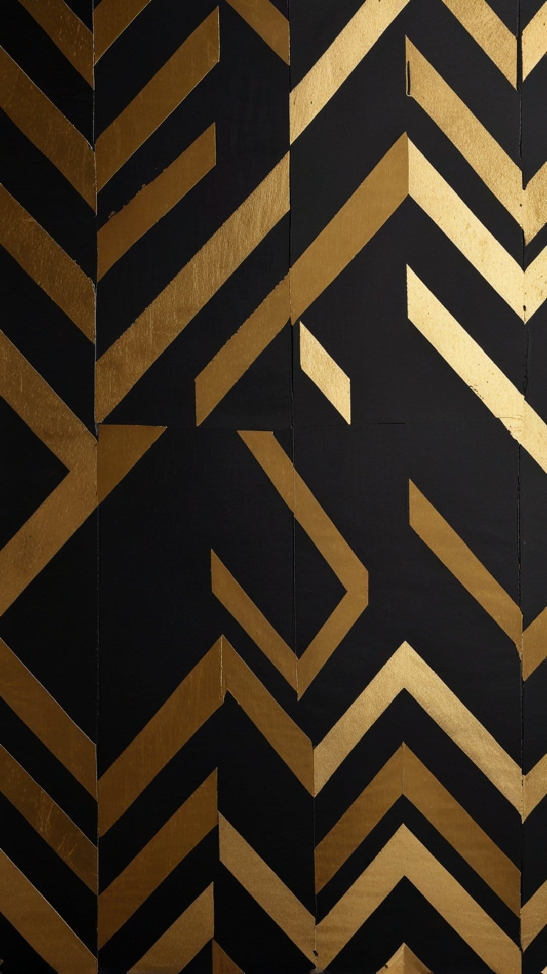 Interlocking gold and black diagonal prisms form a sharp geometric pattern with metallic reflections and depth.