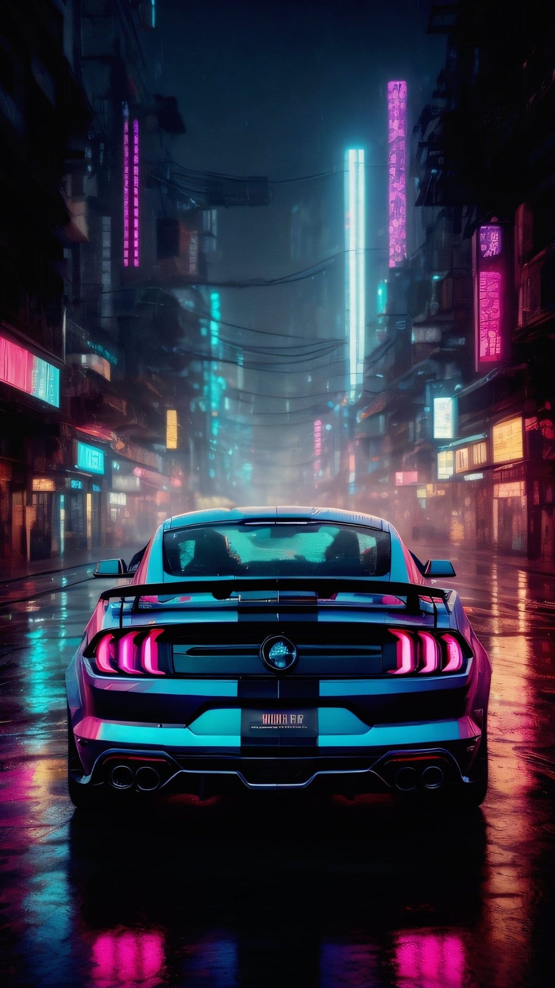Mustang sports car driving on a wet city street at night with pink and cyan neon light reflections.