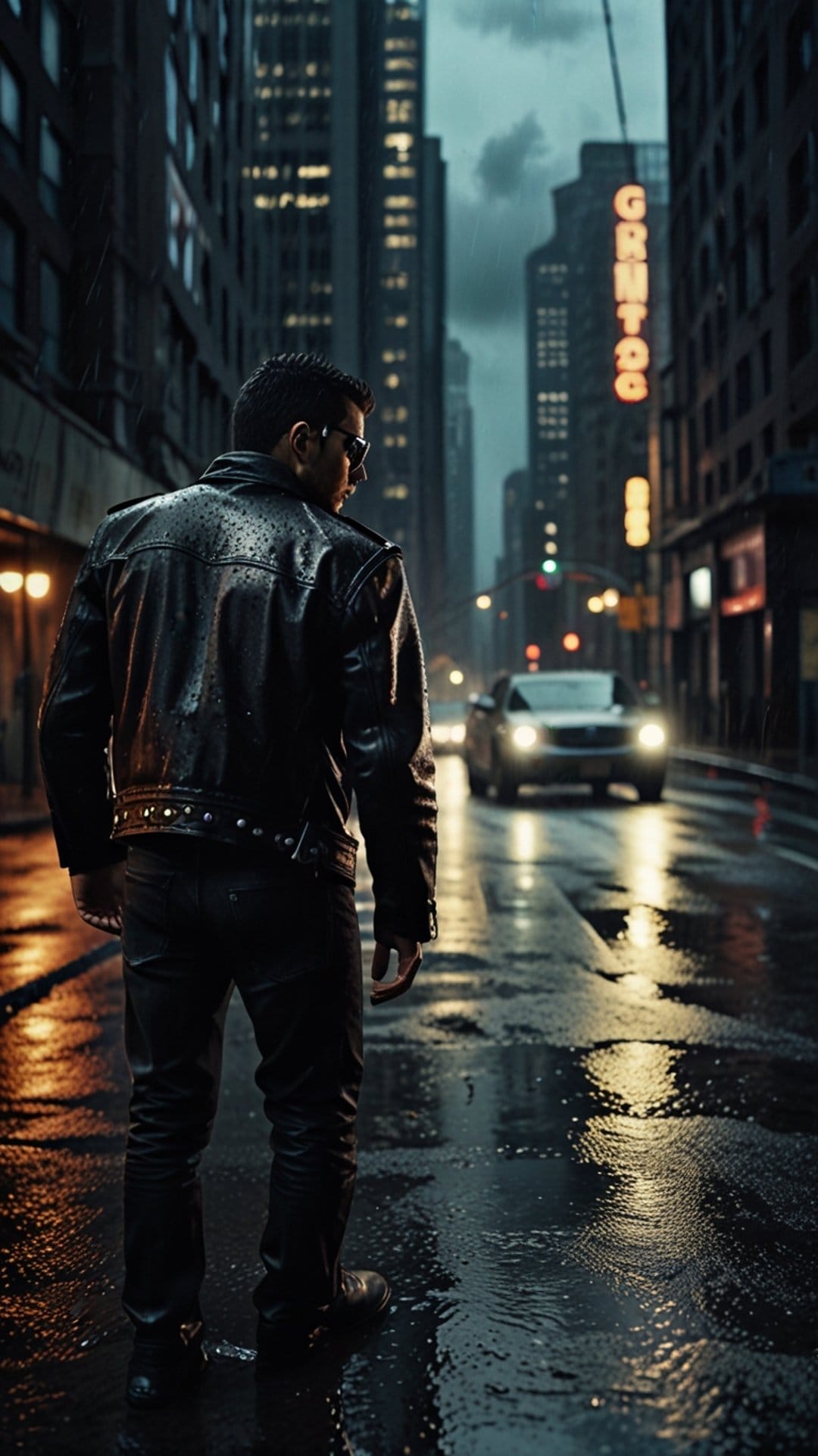 Man in a black leather jacket stands on a wet city street at night with glowing reflections and car headlights