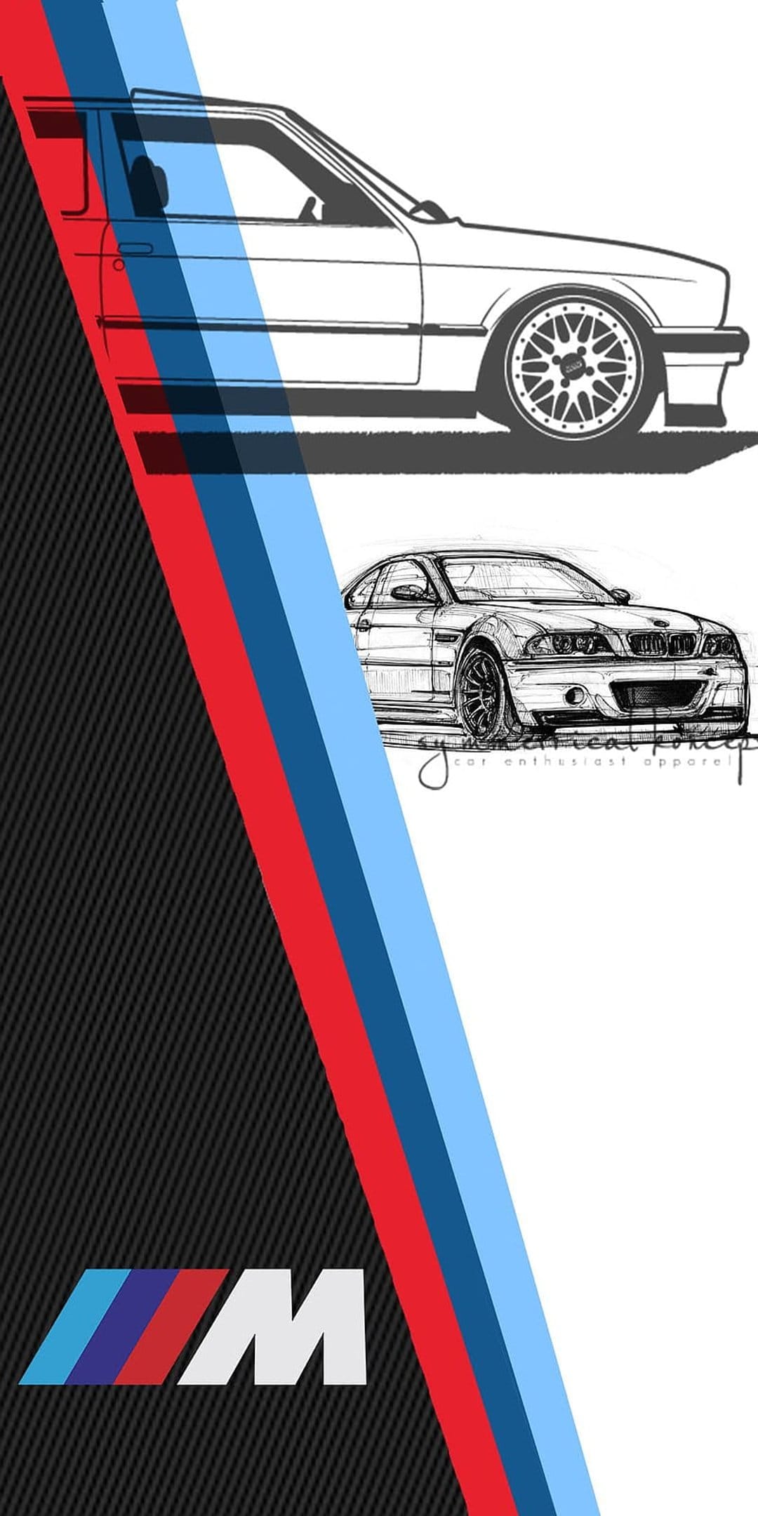 BMW M Series car sketch with blue and red stripes over a dark carbon fiber texture and metallic logo.