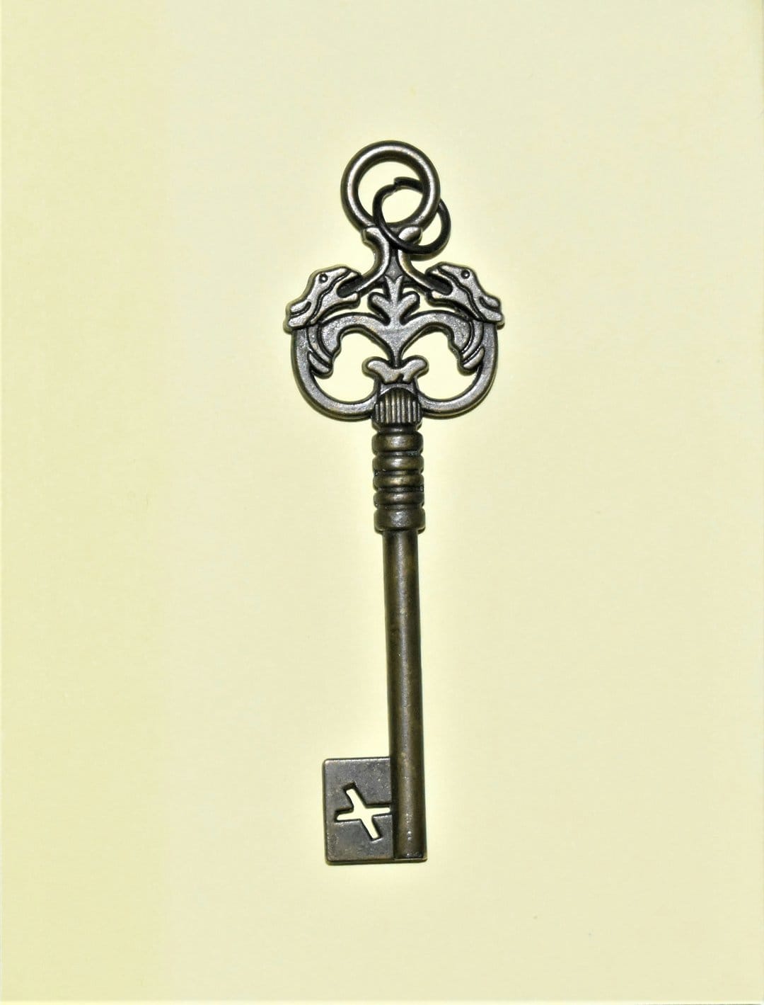 Weathered iron key with animal head carvings and a cross-etched bit against a dark, textured background.