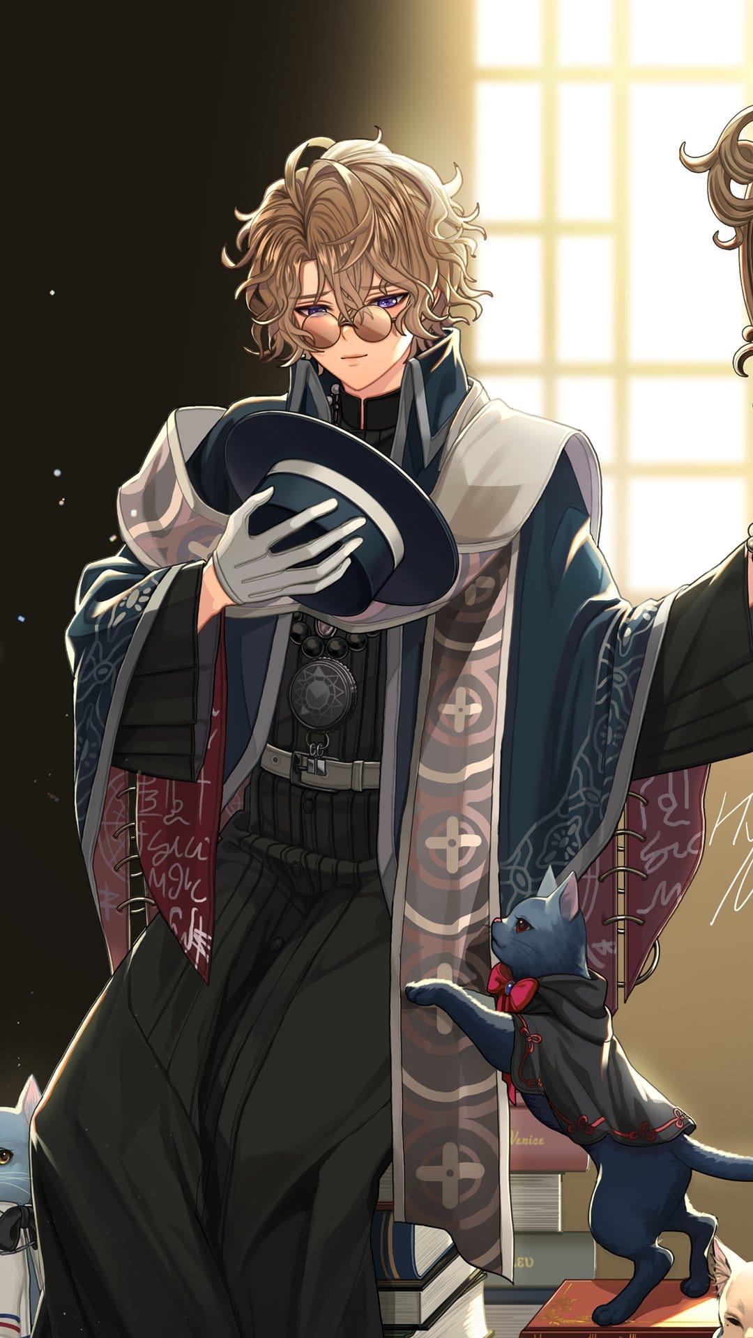 Bespectacled wizard holding a fedora stands near a cloaked black cat in a library filled with old leather books.