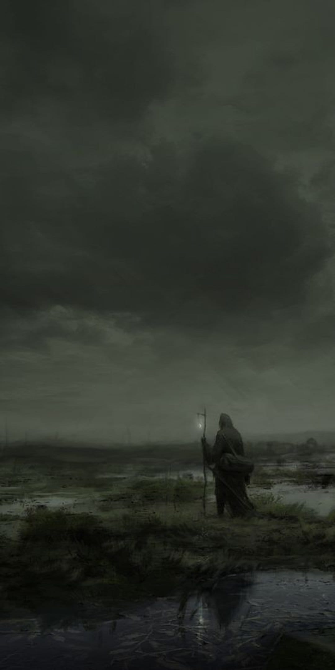 Robed figure holding a glowing lantern staff in a misty, desolate swamp with dark water and an overcast sky.