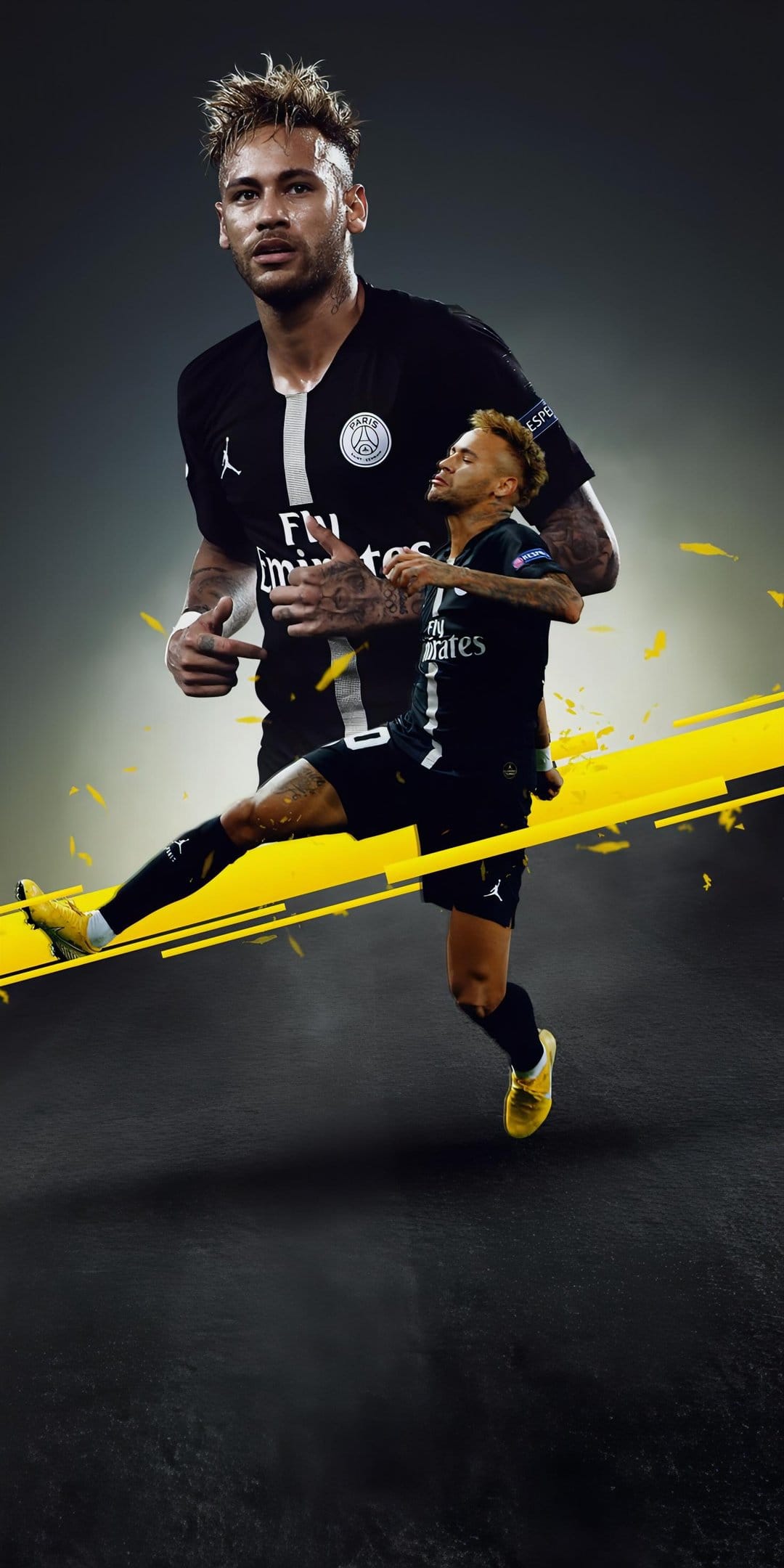 Neymar Jr in a blue PSG jersey runs amidst glowing yellow graphic lines and a dark textured background.