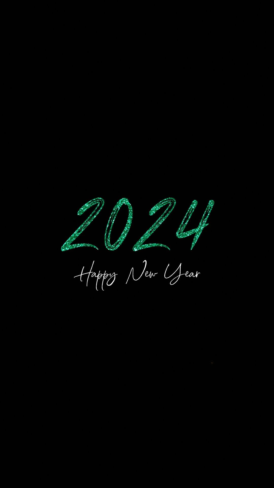 Shimmering green 2024 glitter text and festive script typography centered on a solid black background.
