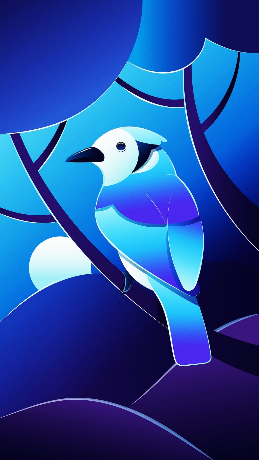 Blue jay with sharp geometric edges sits on a branch against a purple gradient sky with a luminous circular moon.