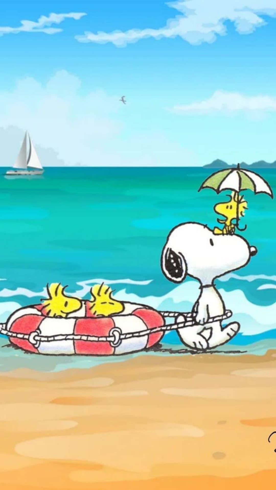 Snoopy pulls Woodstocks in a life preserver along a beach as a sailboat glides on turquoise ocean water.