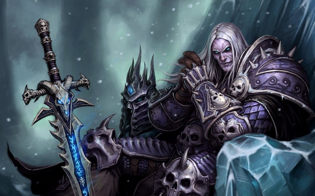 Arthas Menethil in skull-adorned armor holding a glowing blue runeblade sword in a frozen environment.