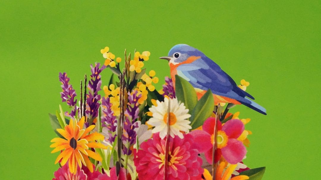 Bluebird perches on a colorful bouquet of orange daisies, pink zinnias, and lavender over a lime green background.