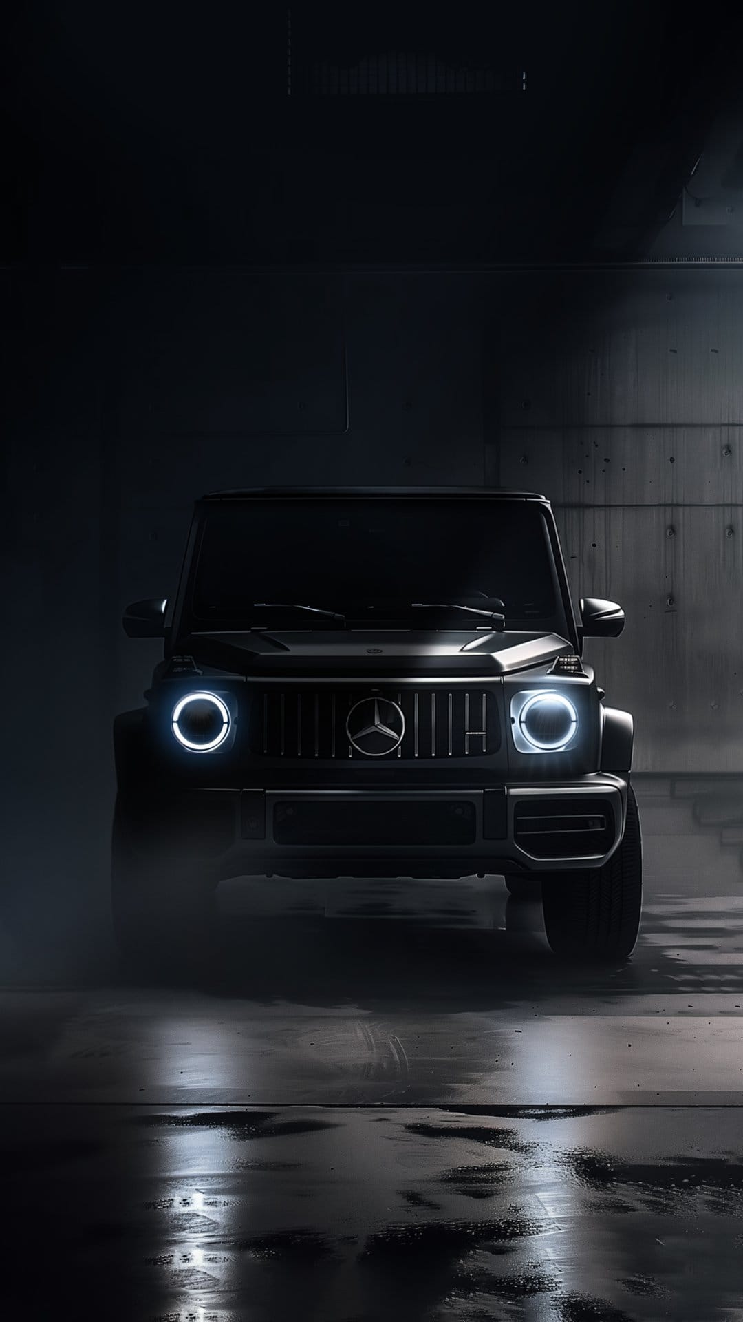 Mercedes G-Wagon with bright circular headlights reflected on a wet garage floor in a dark, moody setting.