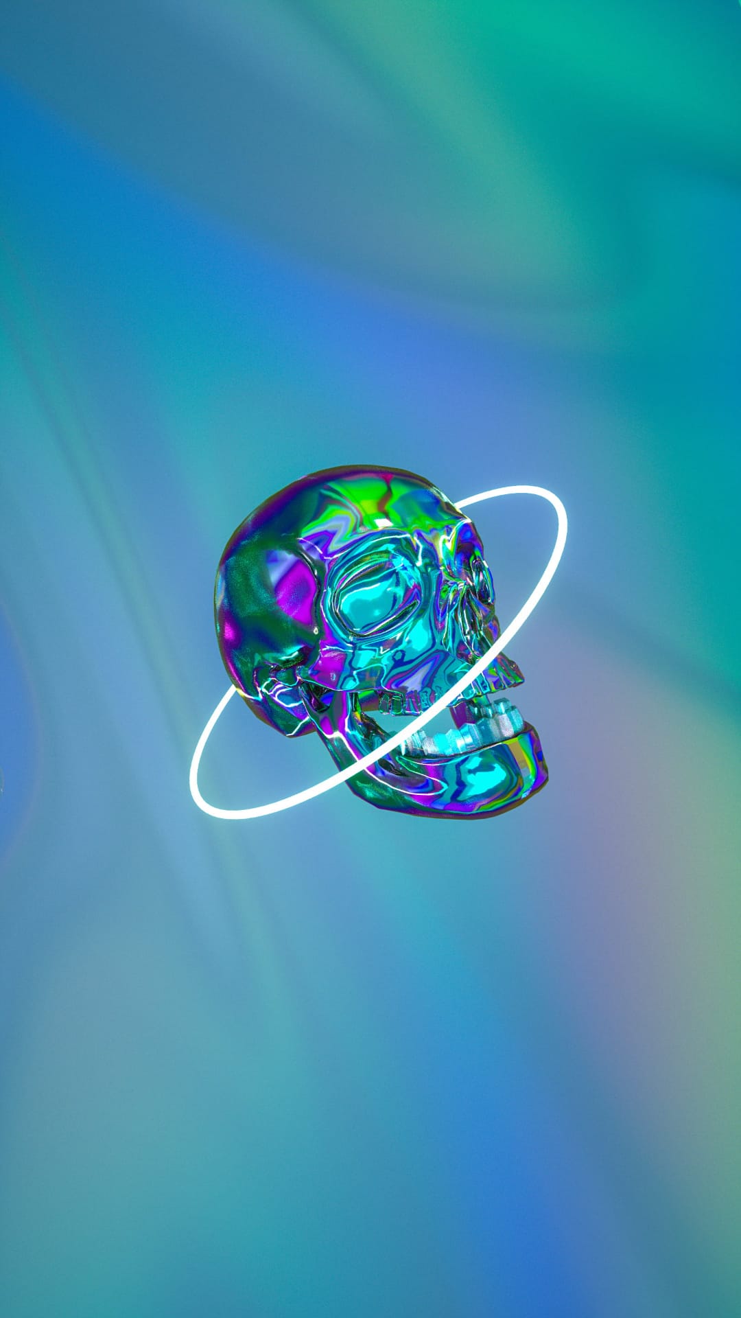 Holographic skull with iridescent green and purple reflections encircled by a glowing white neon ring.