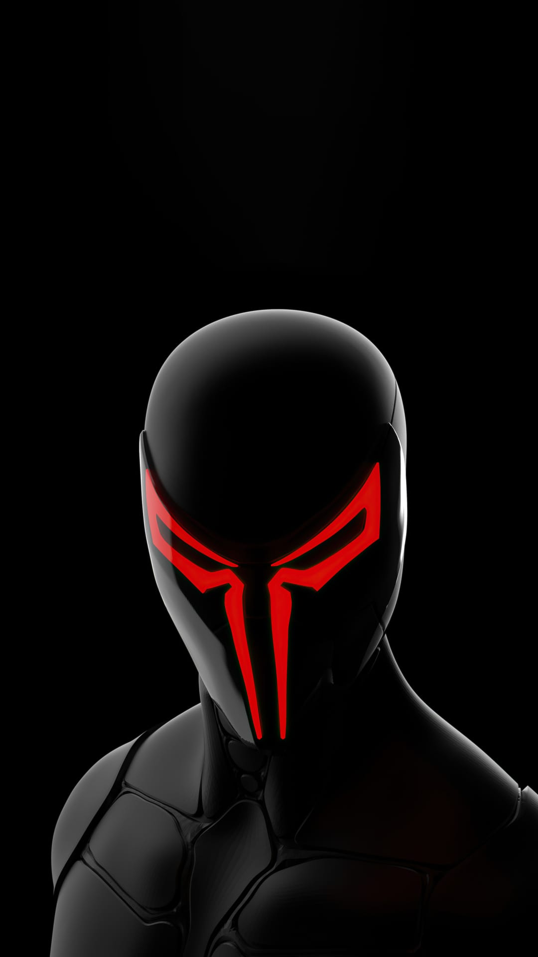 Cybernetic soldier wearing black segmented armor with glowing red eyes positioned on a dark tactical face mask.