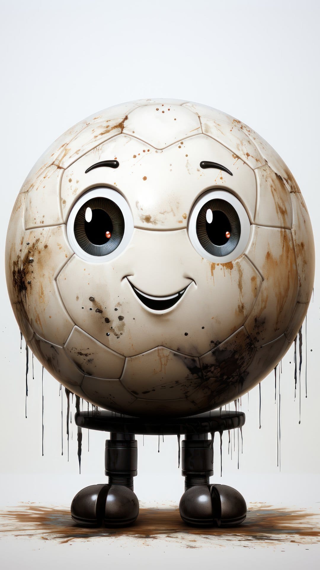Grinning soccer ball character with dirty panels and robotic legs standing on a stool over a splattered floor.