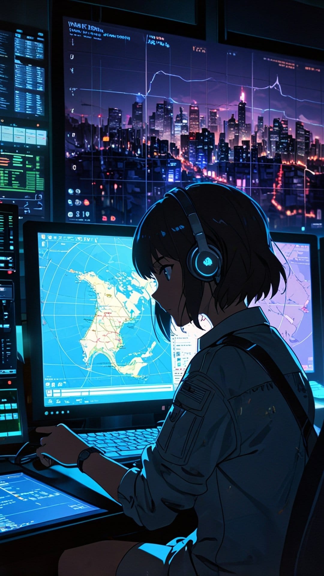 Anime girl wearing headphones watches glowing monitors displaying maps and city data in a dark control room.