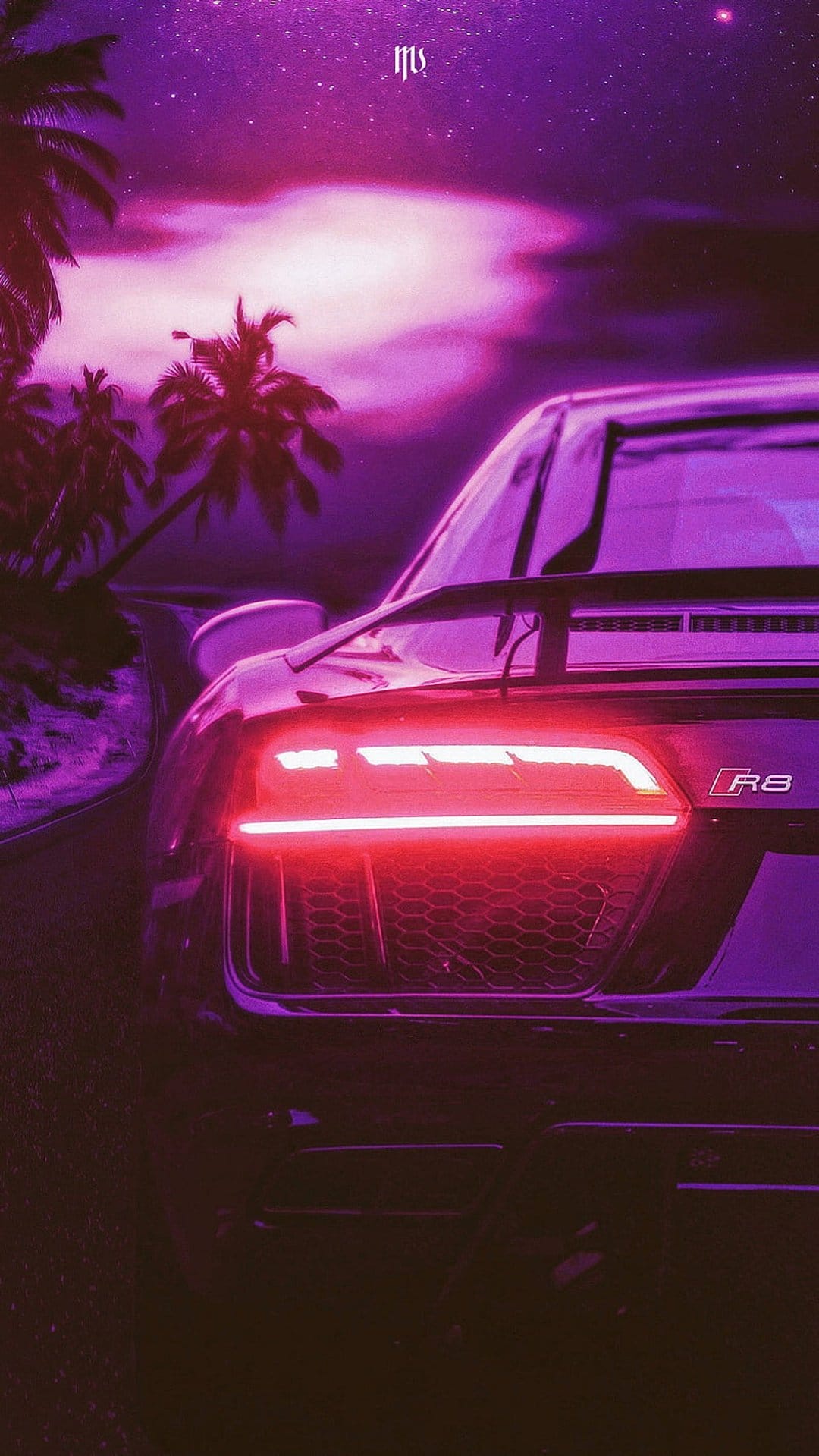 Audi R8 with glowing red taillights drives on a coastal road lined with palm trees under a starry pink sky.