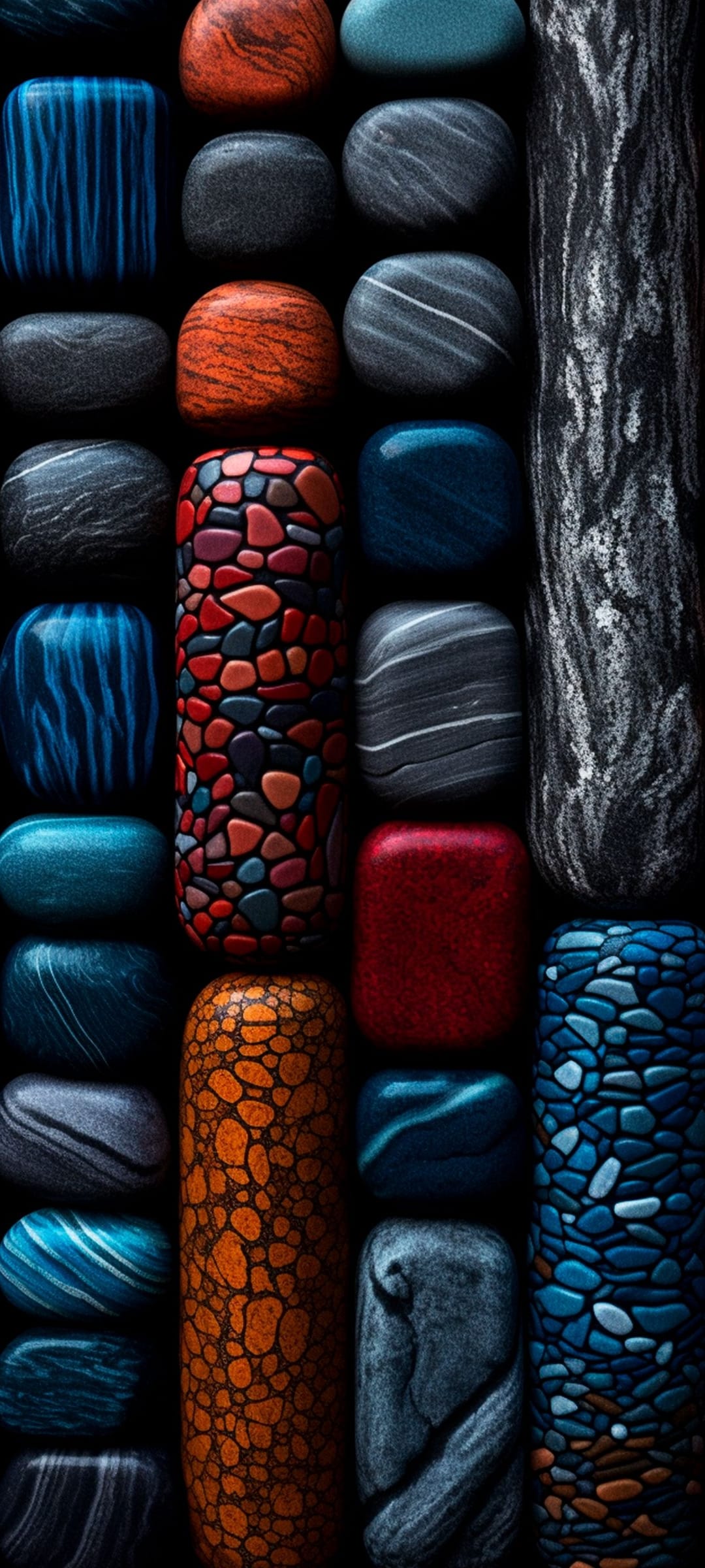 Blue marble patterns and orange rock textures surround a vertical mosaic of colorful crushed stones.