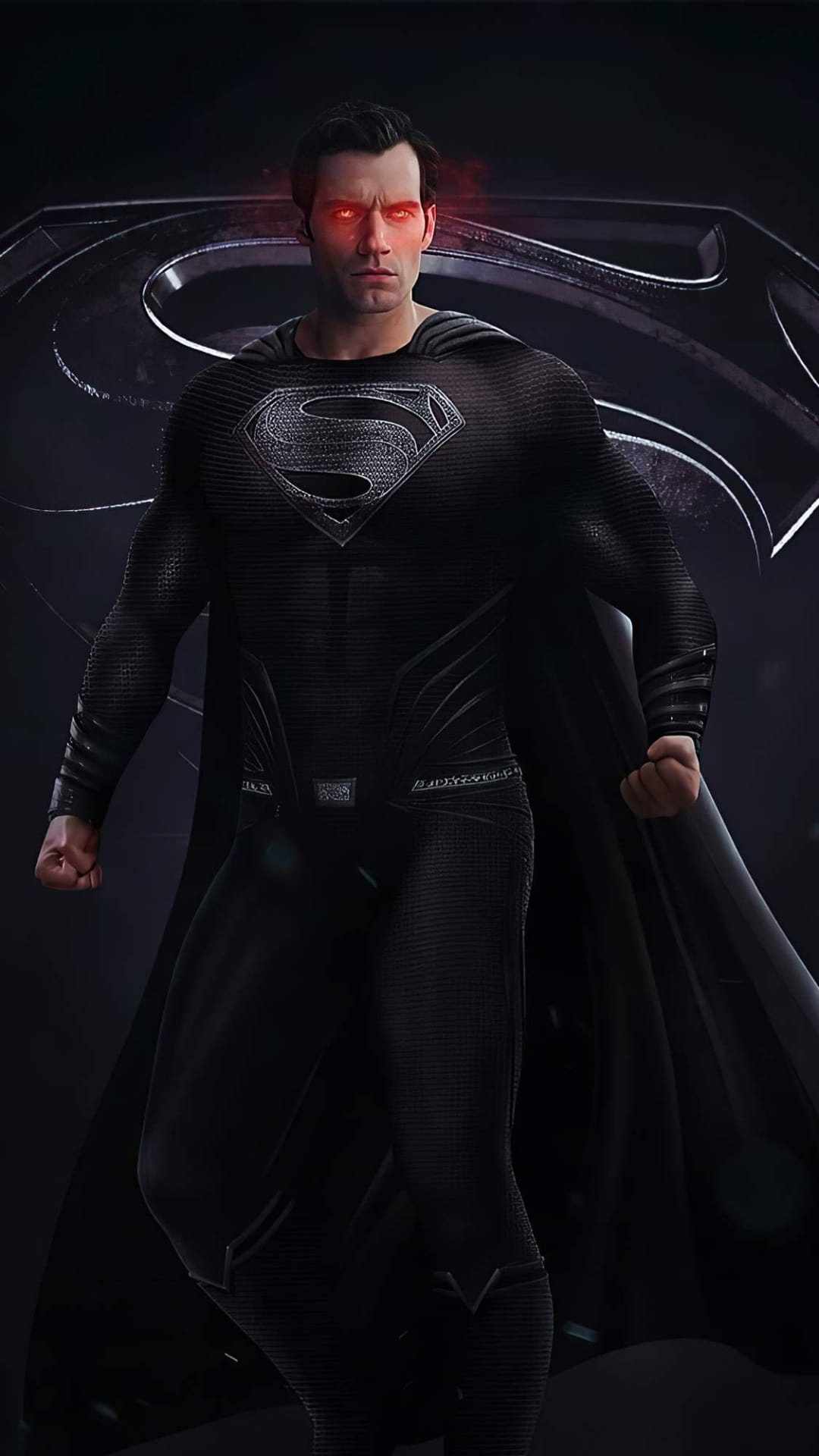 Henry Cavill as Superman wears a textured black suit with glowing red eyes against a dark, shadowy background.