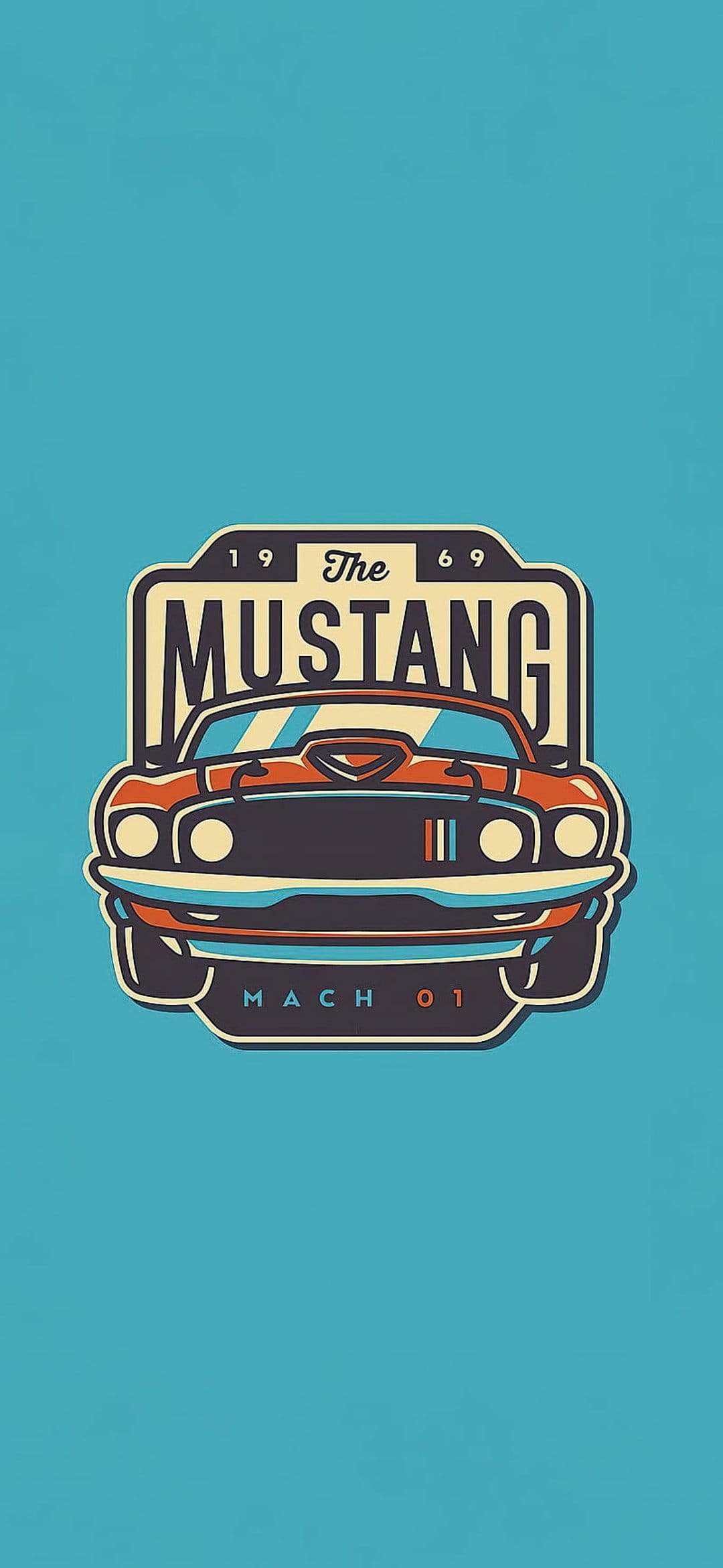 Orange 1969 Ford Mustang Mach 1 muscle car shown from a side profile against a contrasting blue backdrop.