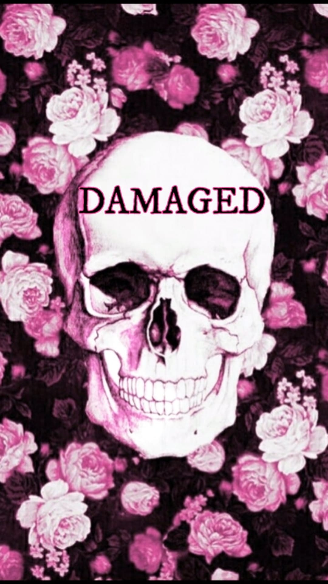 White skull with DAMAGED text on the forehead surrounded by pink roses and white flowers on a dark backdrop.