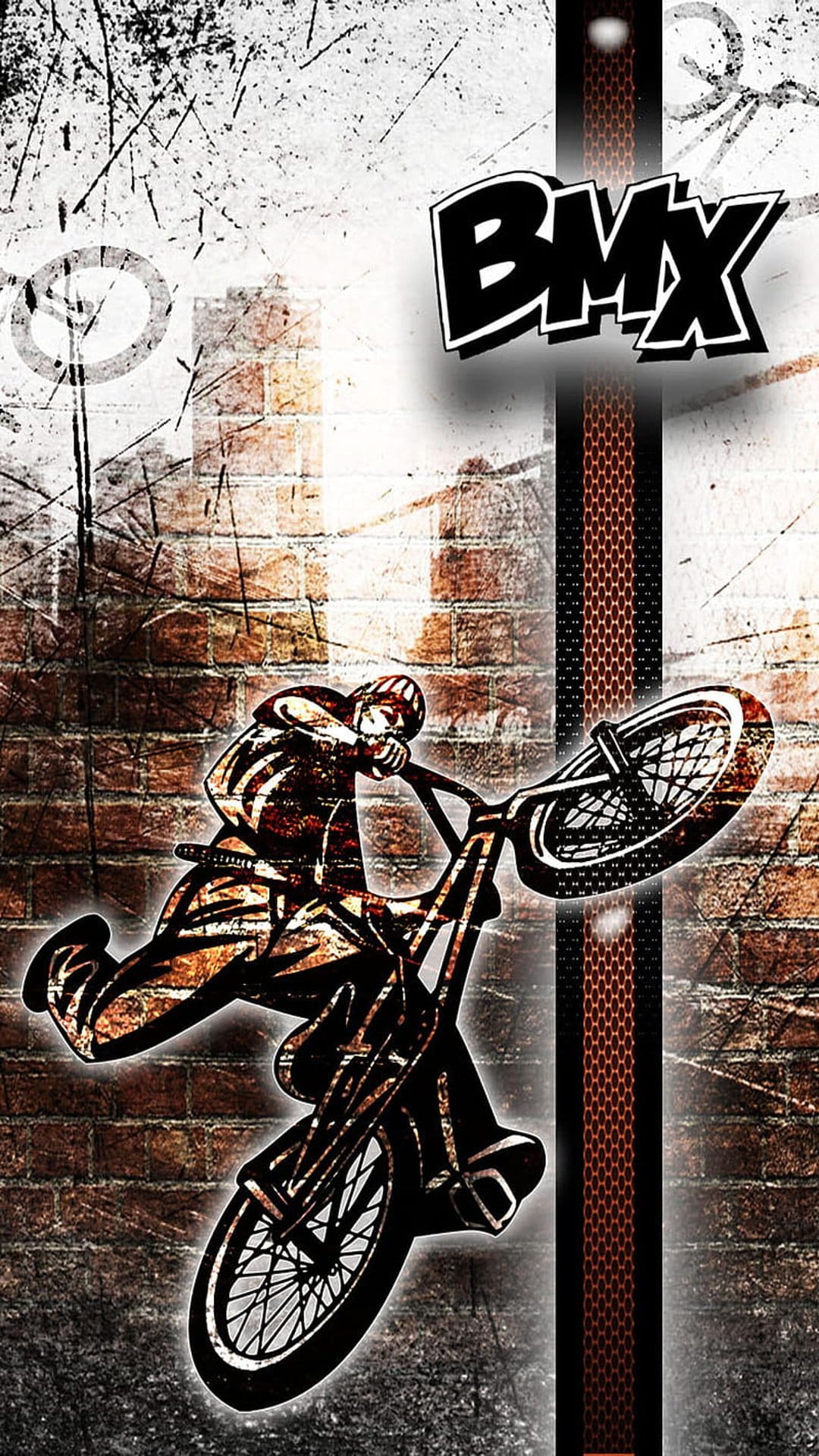 BMX rider performs a mid-air stunt in front of a red brick wall with bold typography and textured overlays.