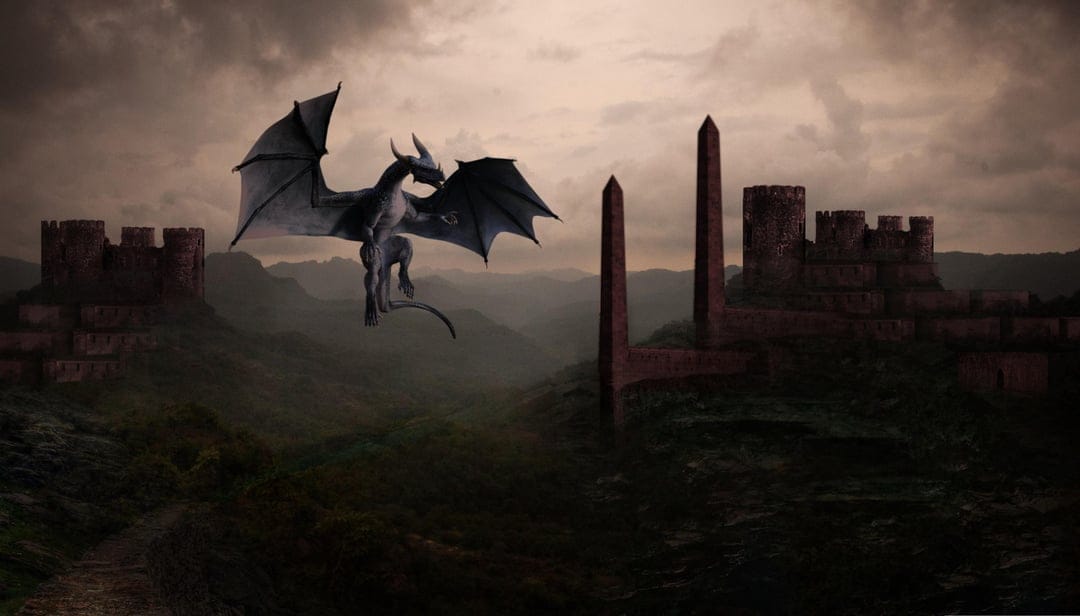 Winged dragon soaring toward dark castle ruins and twin stone obelisks under a heavy, overcast storm sky.