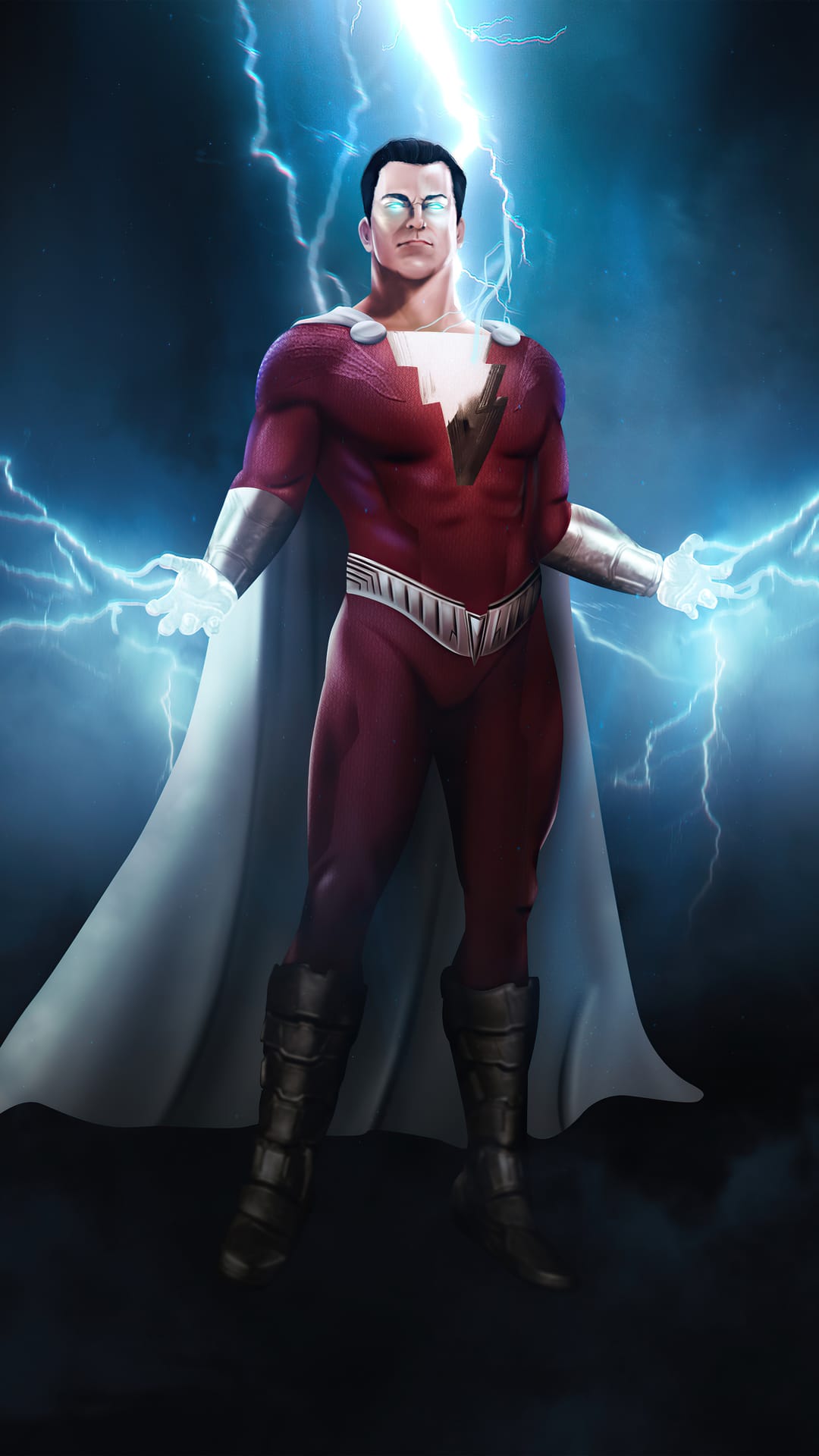 Shazam clenches his fist in a red suit as blue lightning crackles against a dark stormy sky with glowing eyes.