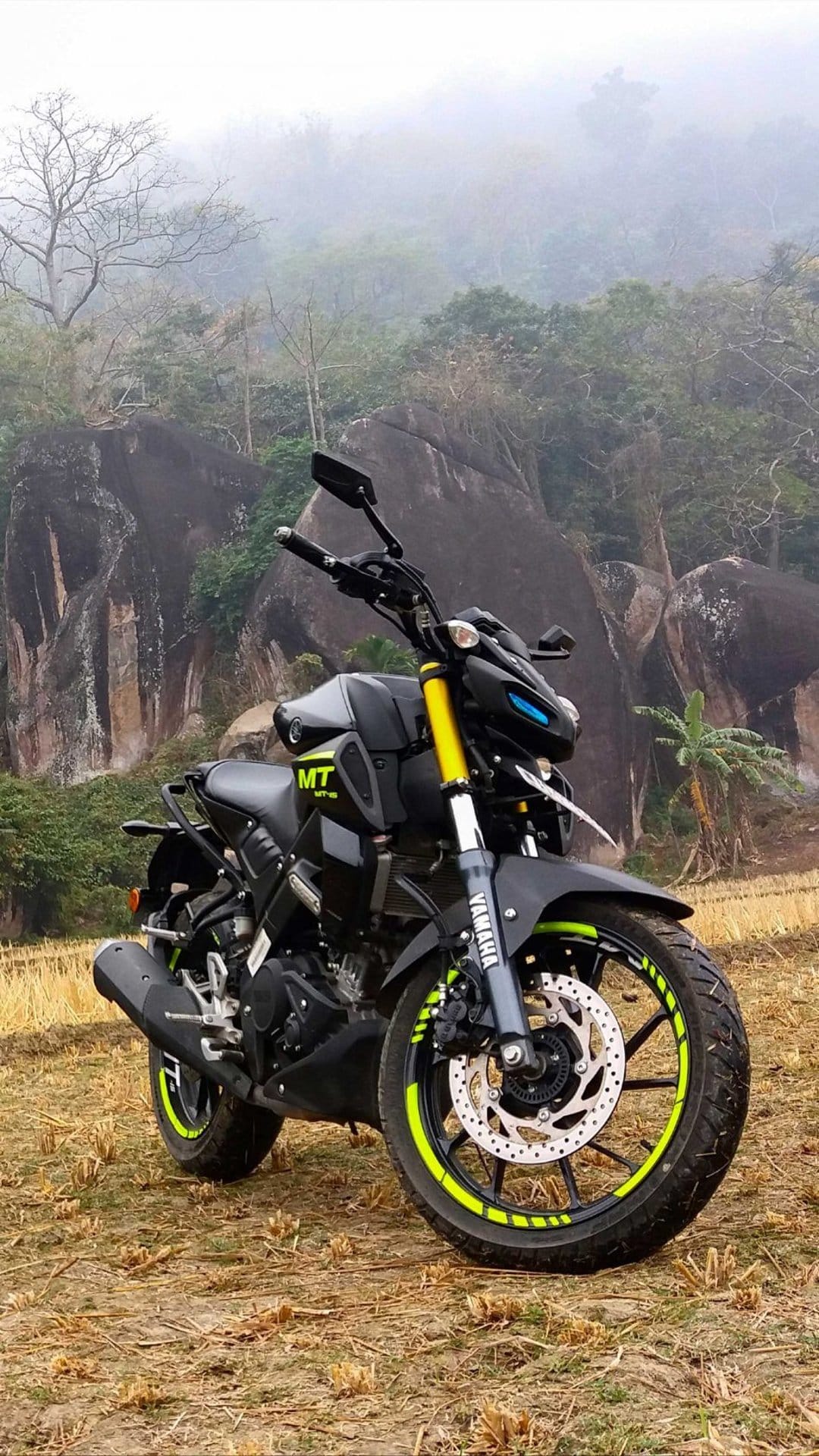 Yamaha MT motorcycle with yellow suspension parked on dry grass before misty rock formations and mountain peaks.