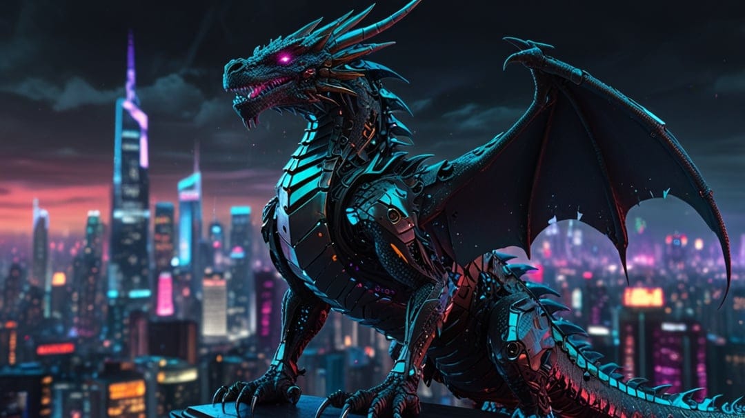 Robotic dragon with pink eyes perched on a building above a neon city with violet and magenta lights.