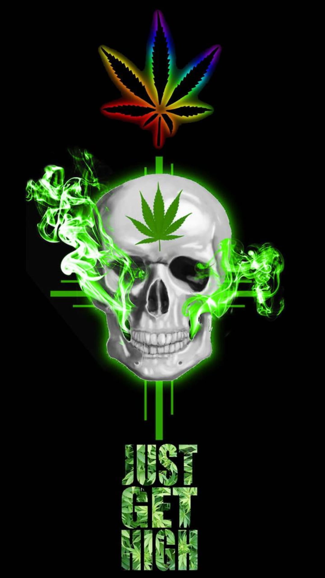 Human skull with a green leaf on its forehead surrounded by swirling emerald smoke and a rainbow marijuana leaf.