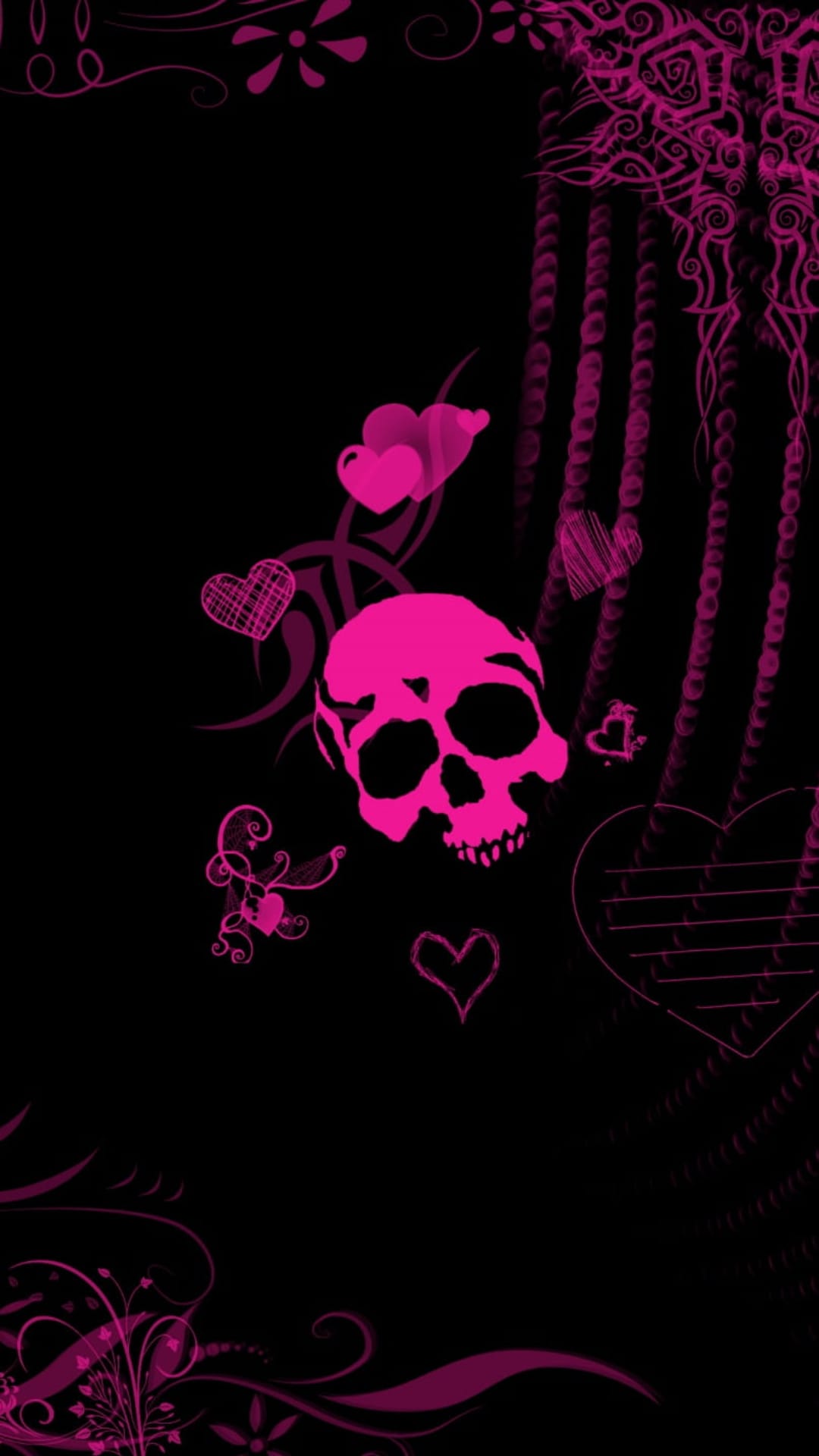 Pink skull surrounded by floating hearts and floral swirls against a pitch-black vertical background backdrop.