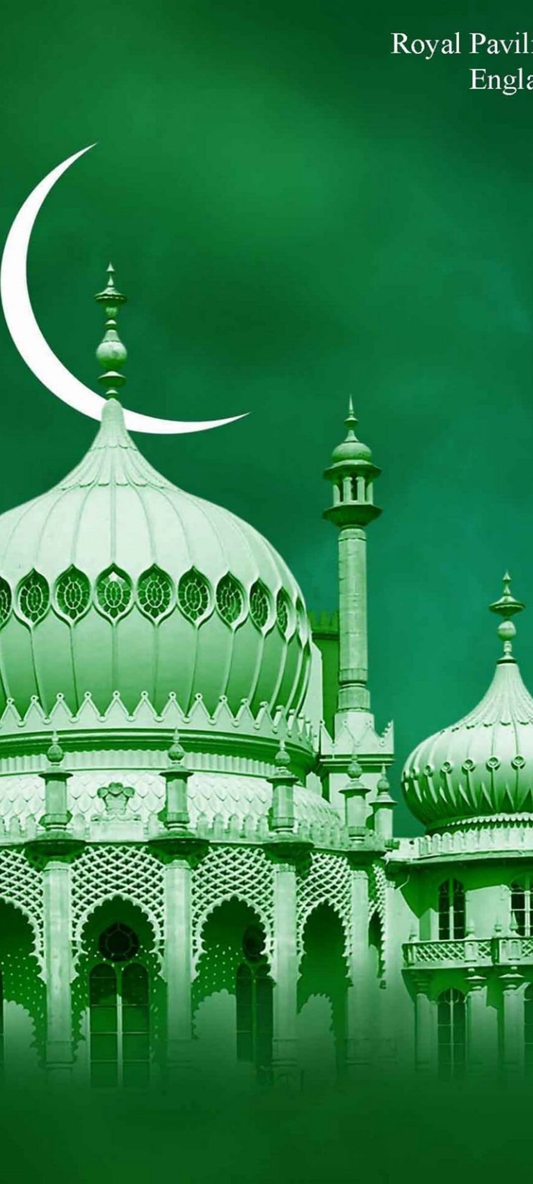 Royal Pavilion domes and minarets with a crescent moon against a solid green background in a vertical view.