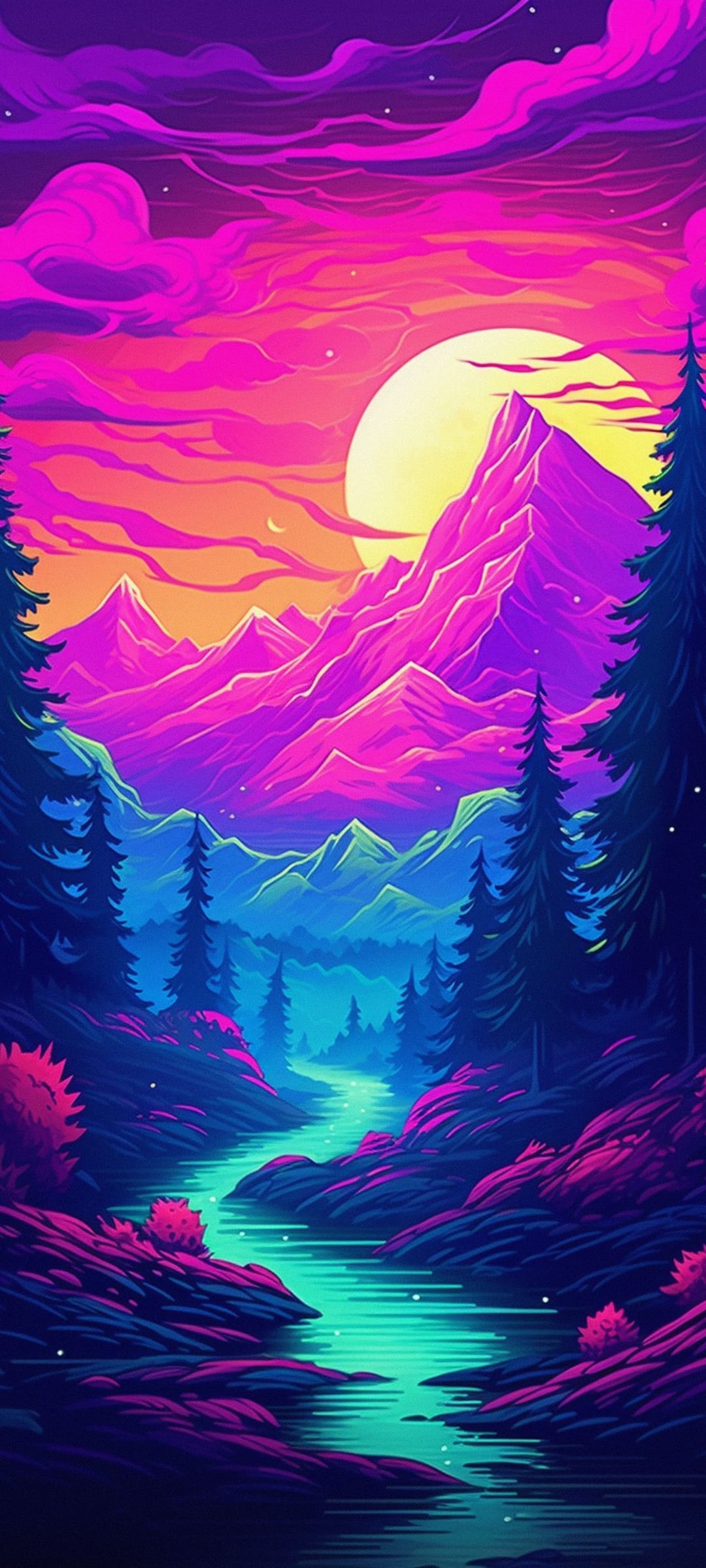 Jagged purple peaks rise behind a glowing turquoise river and dark forest under a massive yellow full moon.