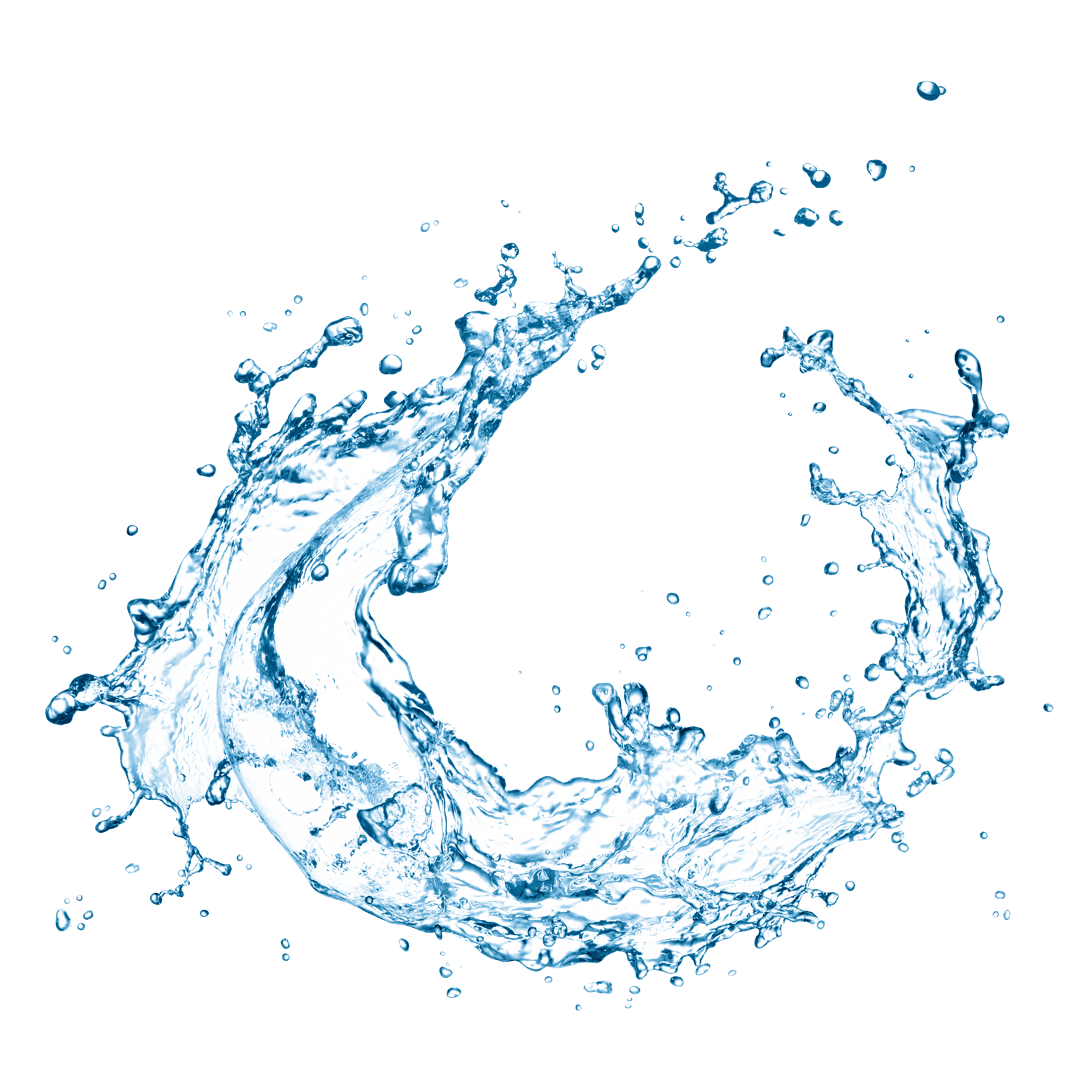 Water splash liquid freezes motion with crystalline blue droplets and transparent refraction against a void.