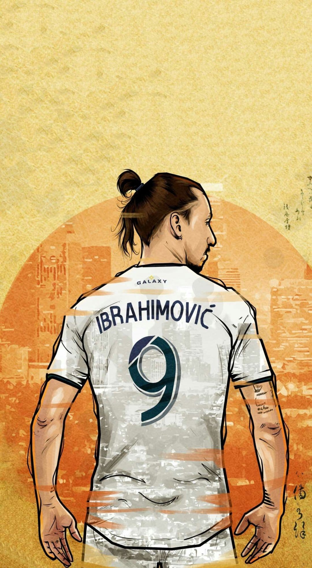 Zlatan Ibrahimović looks over his shoulder wearing a number 9 LA Galaxy jersey against a hazy urban sunset.