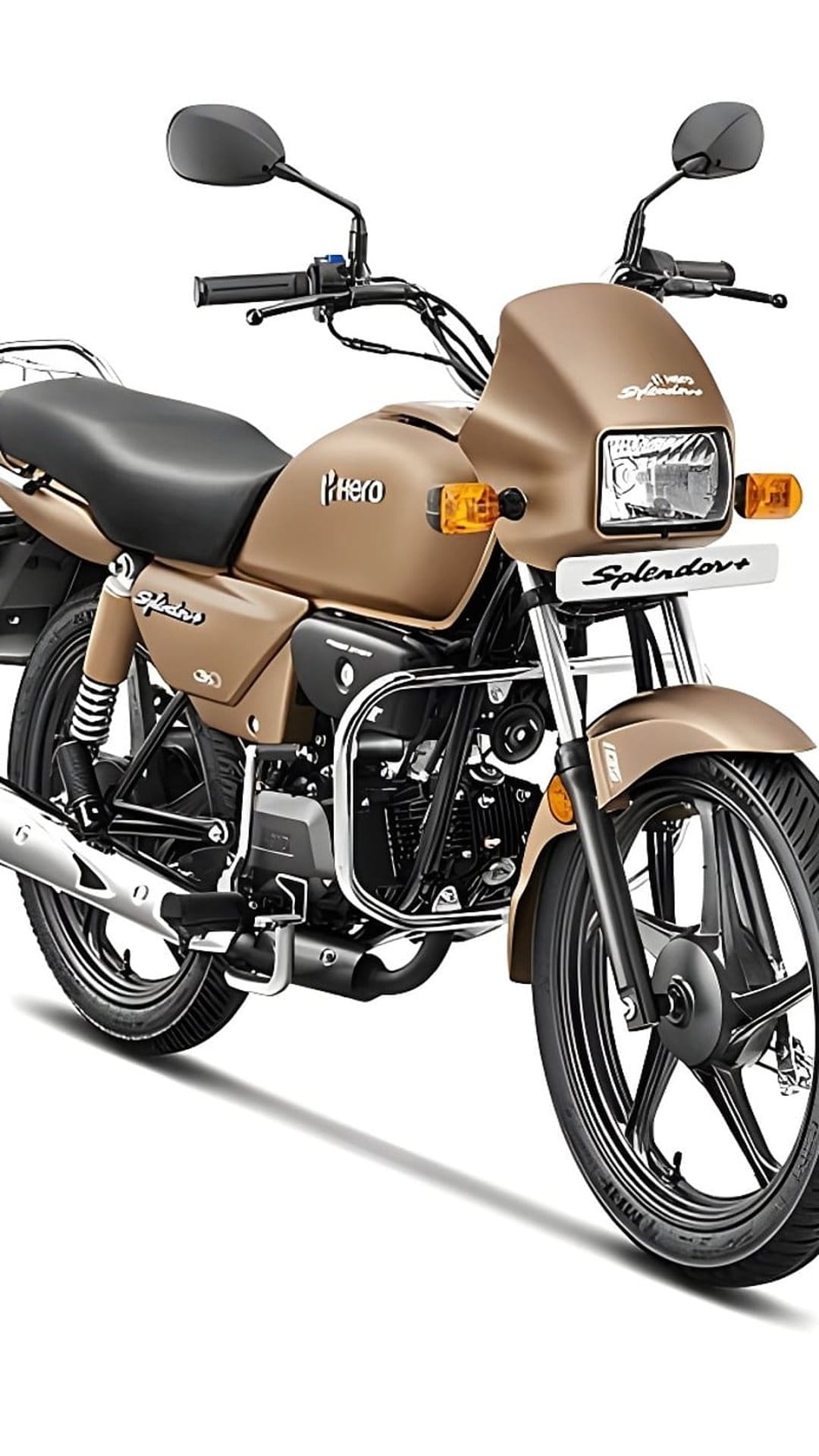 Hero Splendor+ BS6 motorcycle with black alloy wheels and sleek bodywork parked against a neutral background.