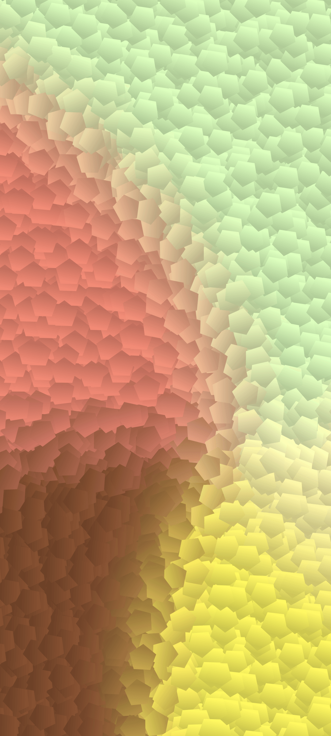 Overlapping pentagonal tiles in green and coral earth tones featuring a fine stippled surface texture.