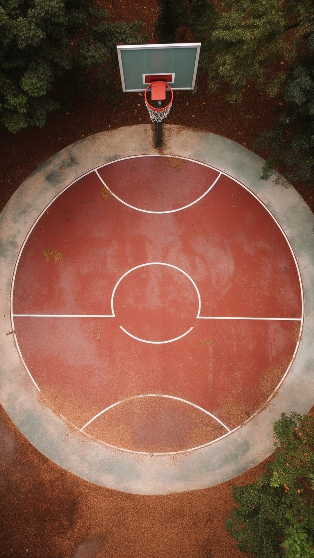 Red circular basketball court with white lines and a hoop is surrounded by green trees in a top-down view.