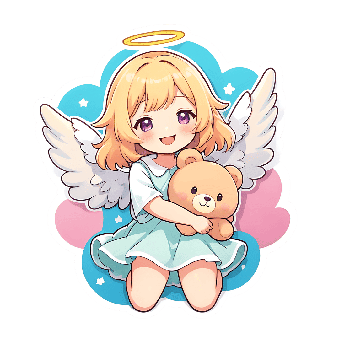 Blonde chibi angel sticker holding a brown teddy bear sits on a blue cloud with stars and white wings.