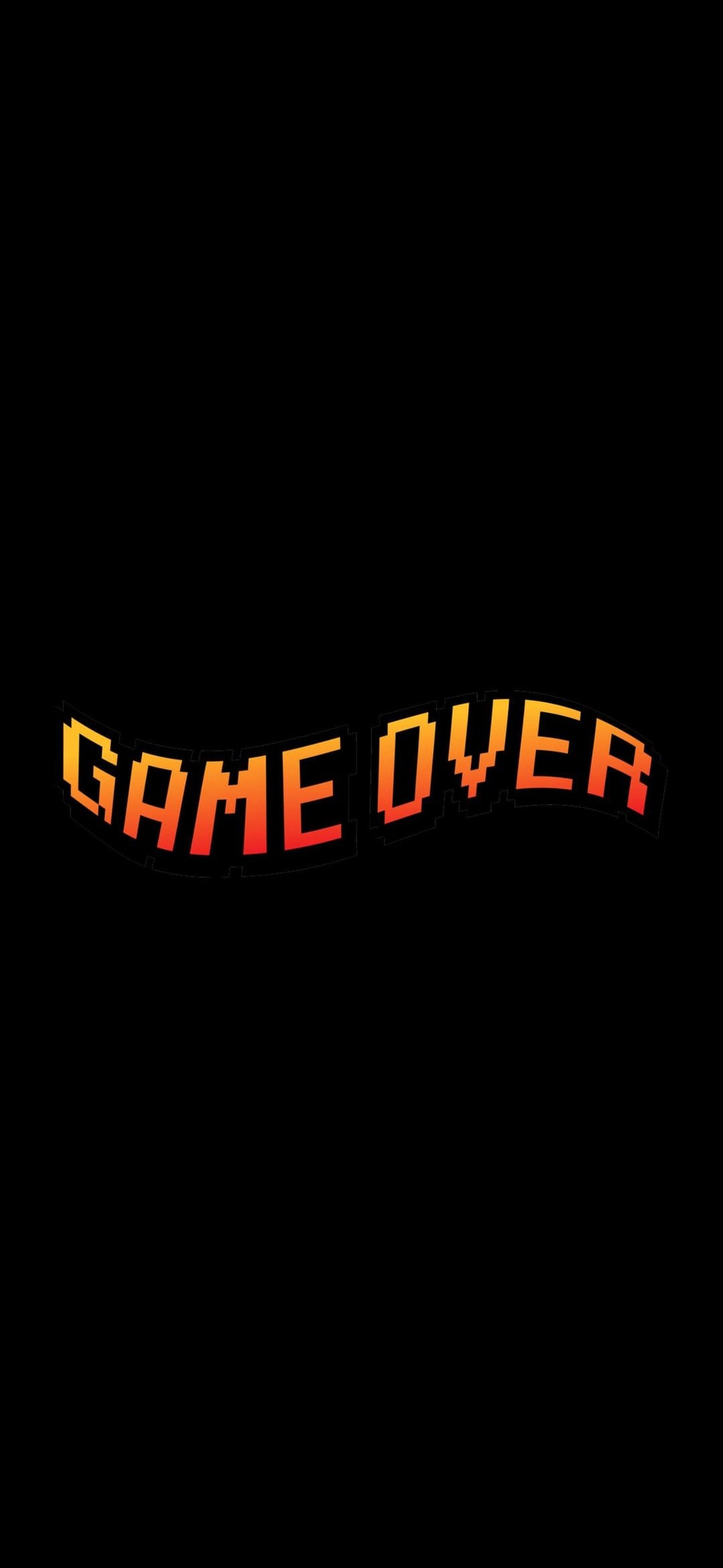 Game Over text in a pixelated 8-bit font glows with an orange and yellow fiery gradient against solid black.