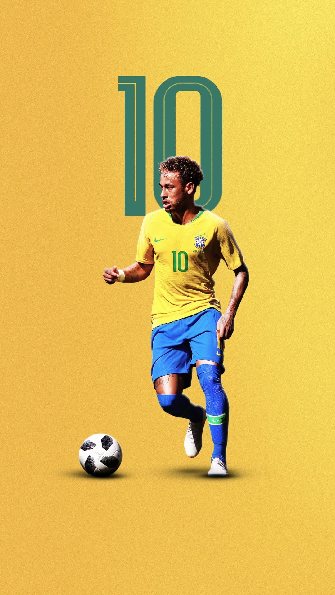 Neymar Jr. dribbling a soccer ball in a yellow Brazil kit with a large green number ten on a yellow background.