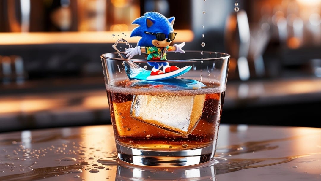 Sonic the Hedgehog figurine in a Hawaiian shirt surfs on an ice cube inside a whiskey cocktail glass.