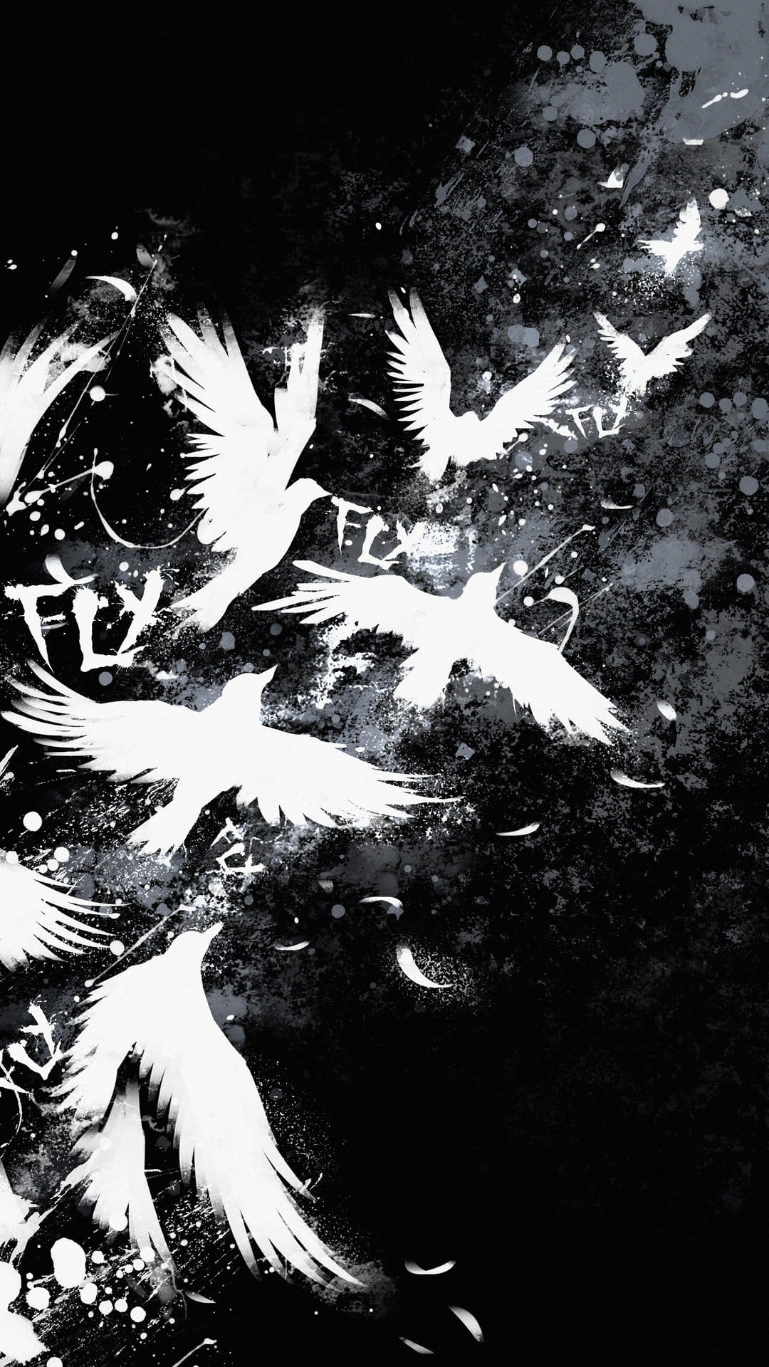 Stylized white birds fly across a black textured background featuring paint splatters and the text FLY.
