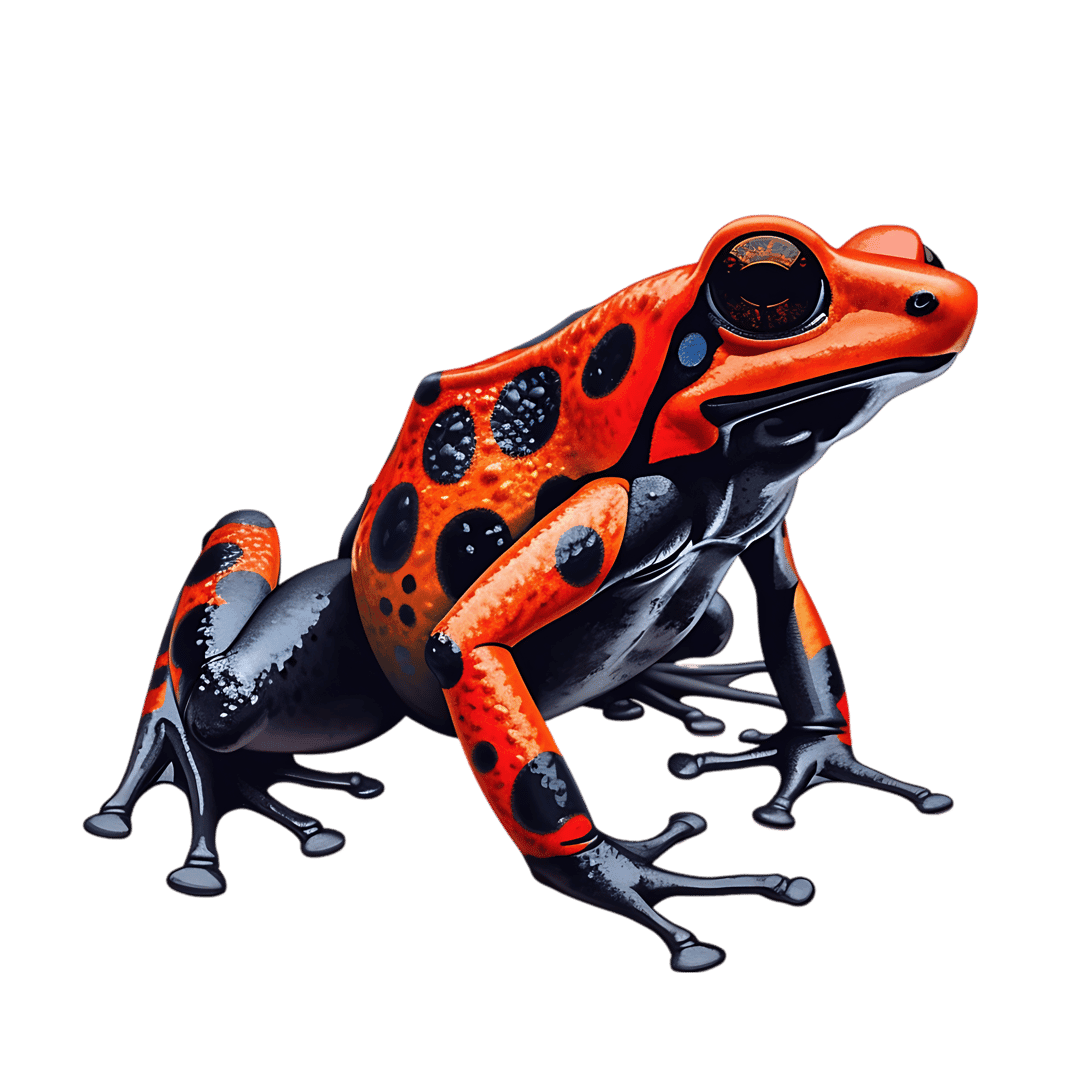 Poison dart frog with red skin and black spots crouched on a dark surface showcasing webbed feet and glossy skin.