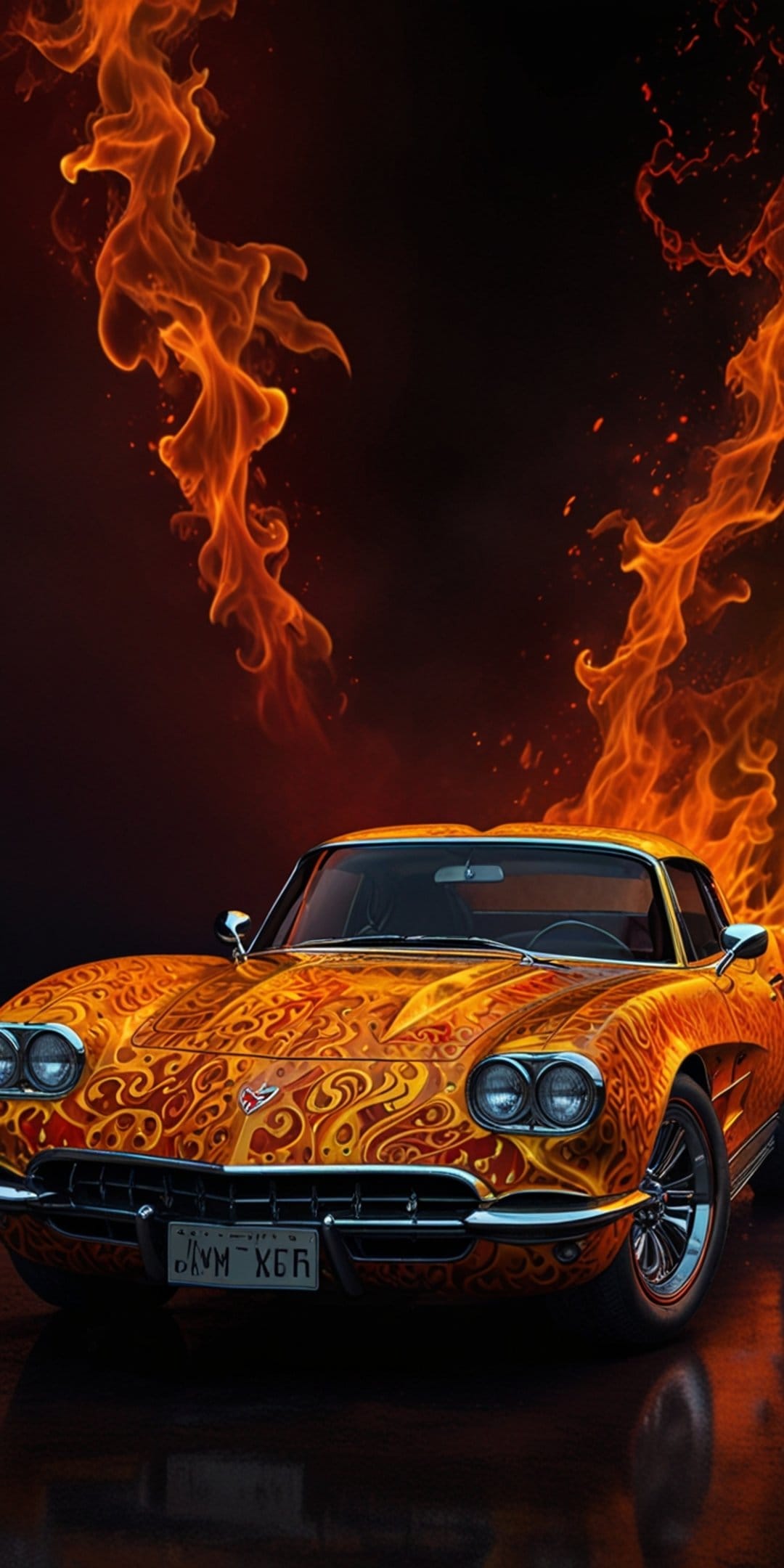 Classic Corvette automobile with red flaming paintwork and glowing embers set against a dark atmosphere.