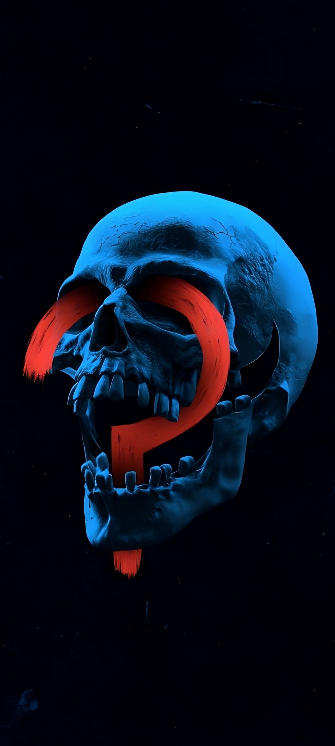 Luminous blue skull with a dripping red question mark symbol positioned against a dark starry background.