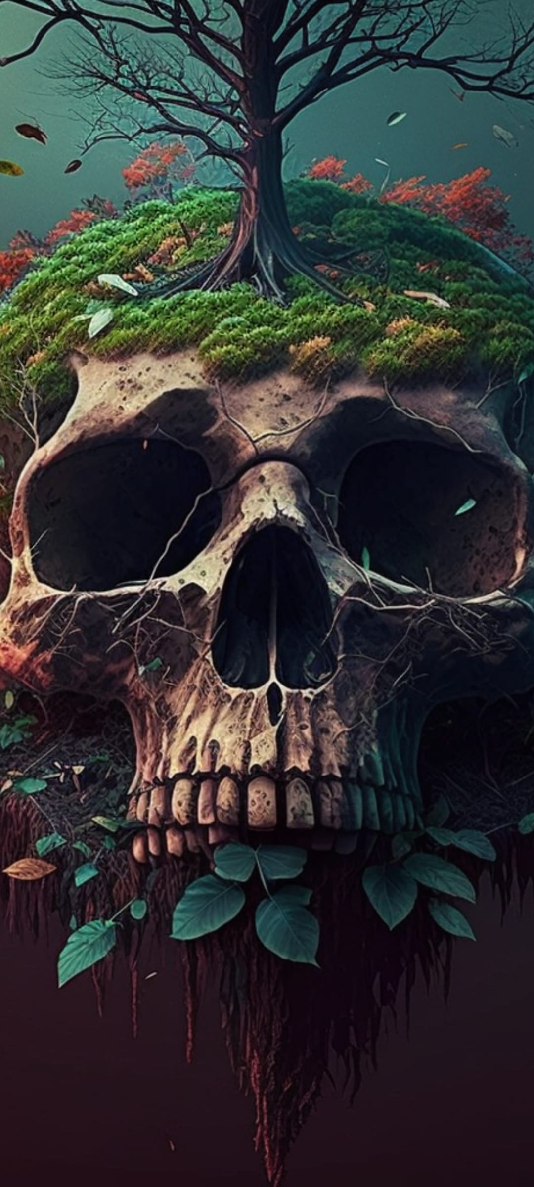 Human skull partially buried in soil with green moss and small tree branches growing through the eye sockets.