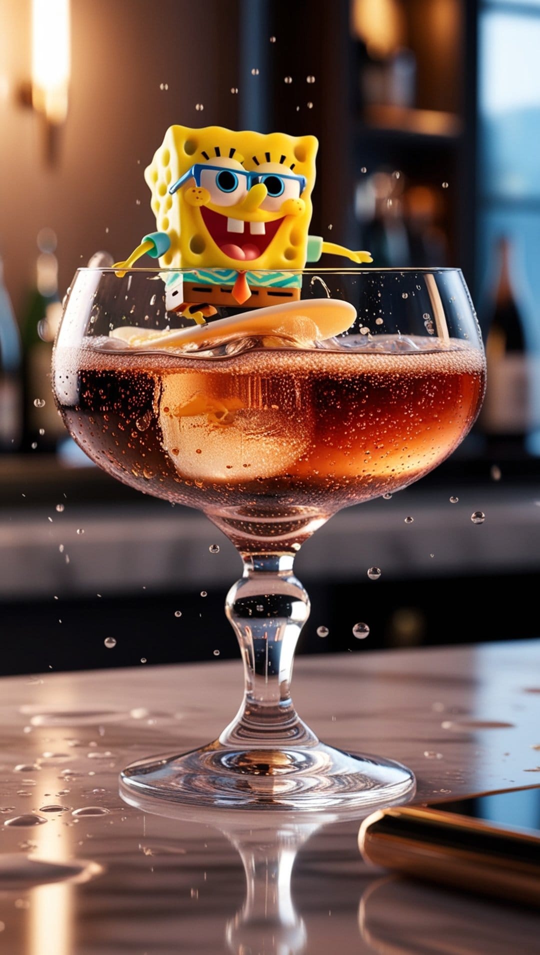 SpongeBob toy figurine perched on a coupe glass rim filled with a dark carbonated drink and floating ice cubes.